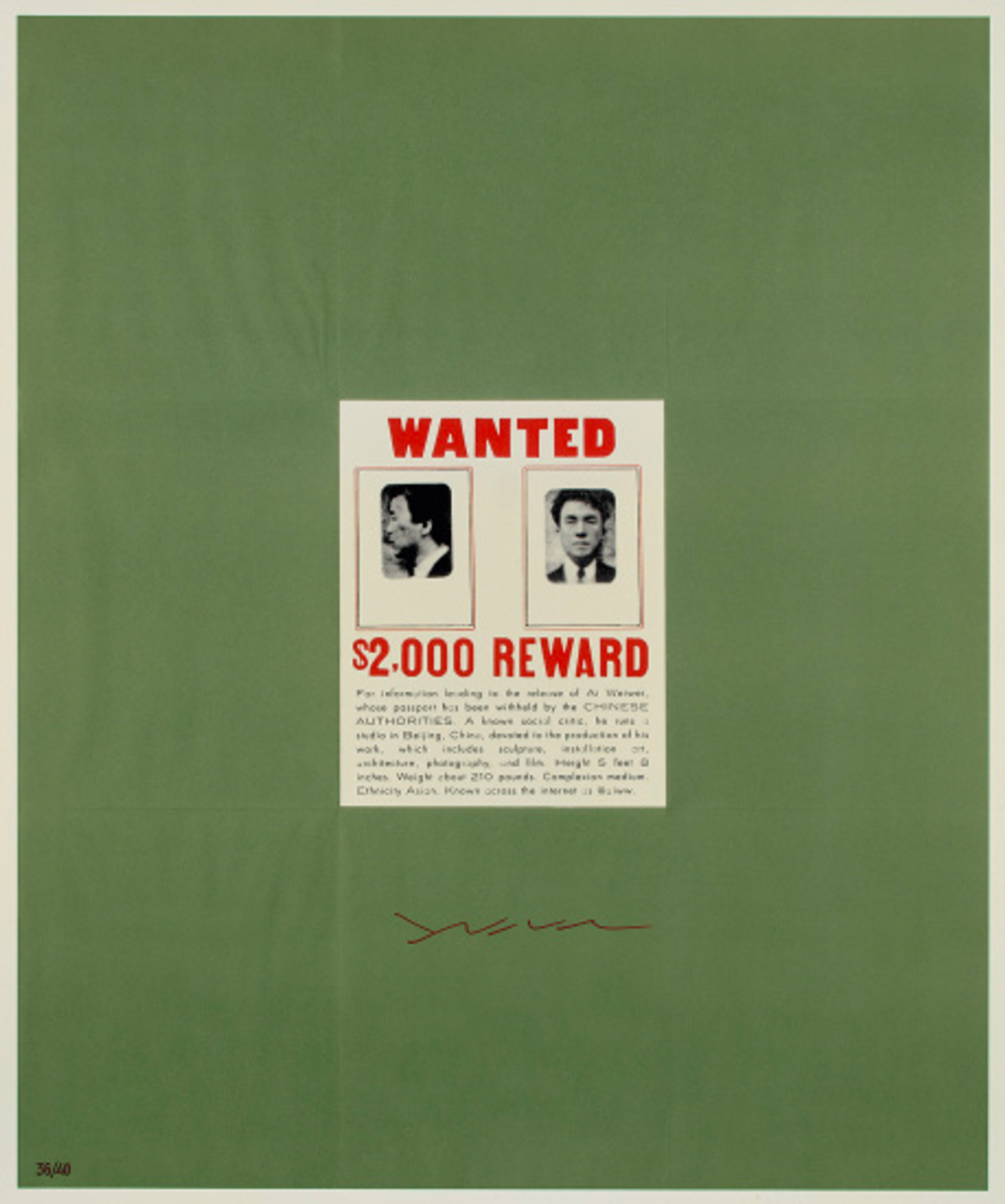 A cream 'Wanted' sign on a green background with two small images of a male side profile and male front profile and '$2,000 reward' in red and writing written beneath the images