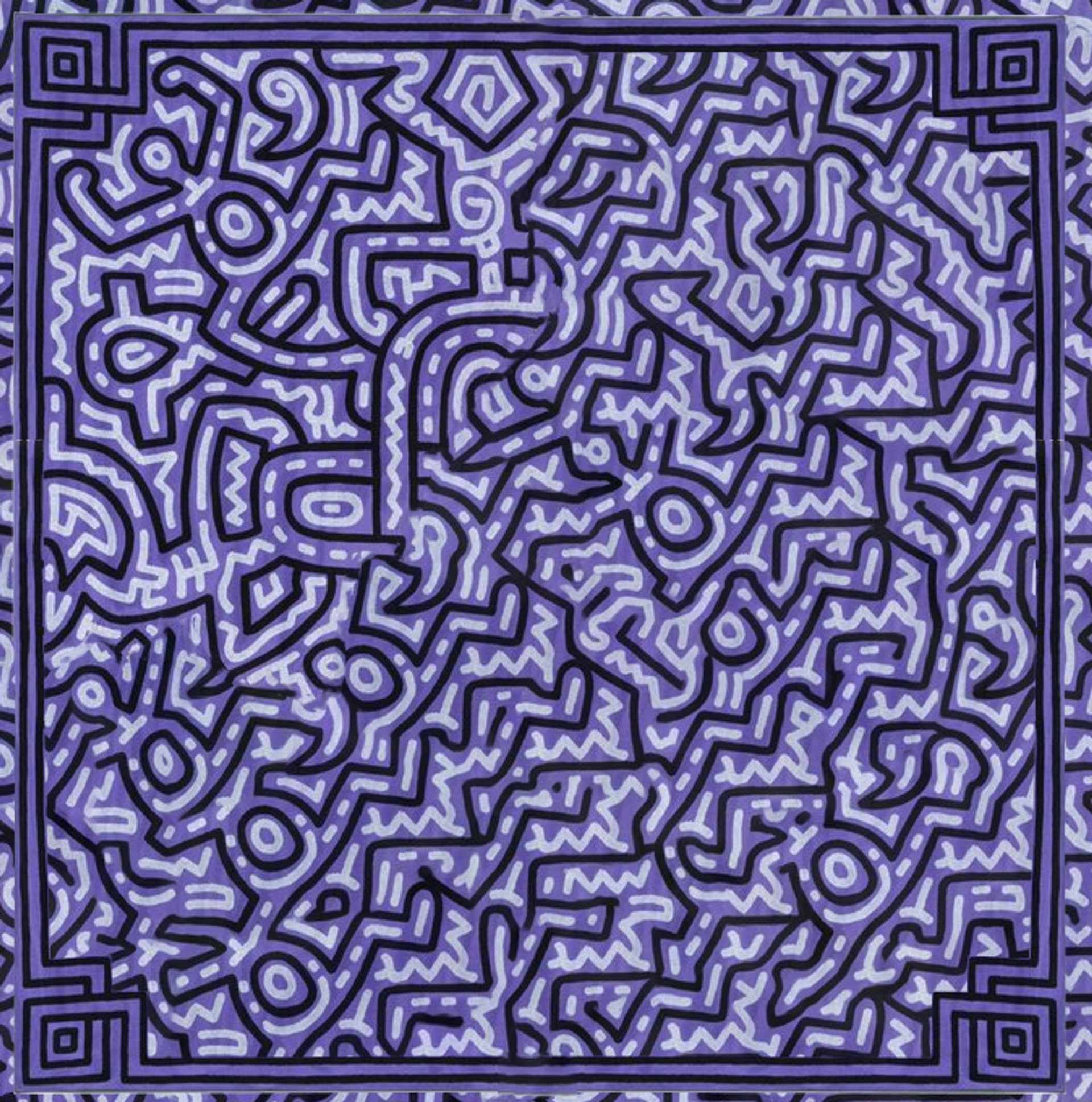 An AI-completed image of Keith Haring's Unfinished Painting, from 1989. Haring's signature motifs are shown against a purple background.