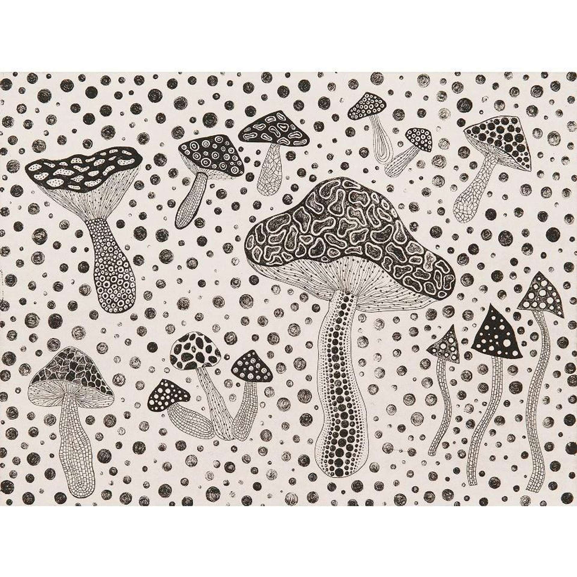 An etching by Yayoi Kusama depicting 14 monochromatic mushrooms against a white background with black polka dots