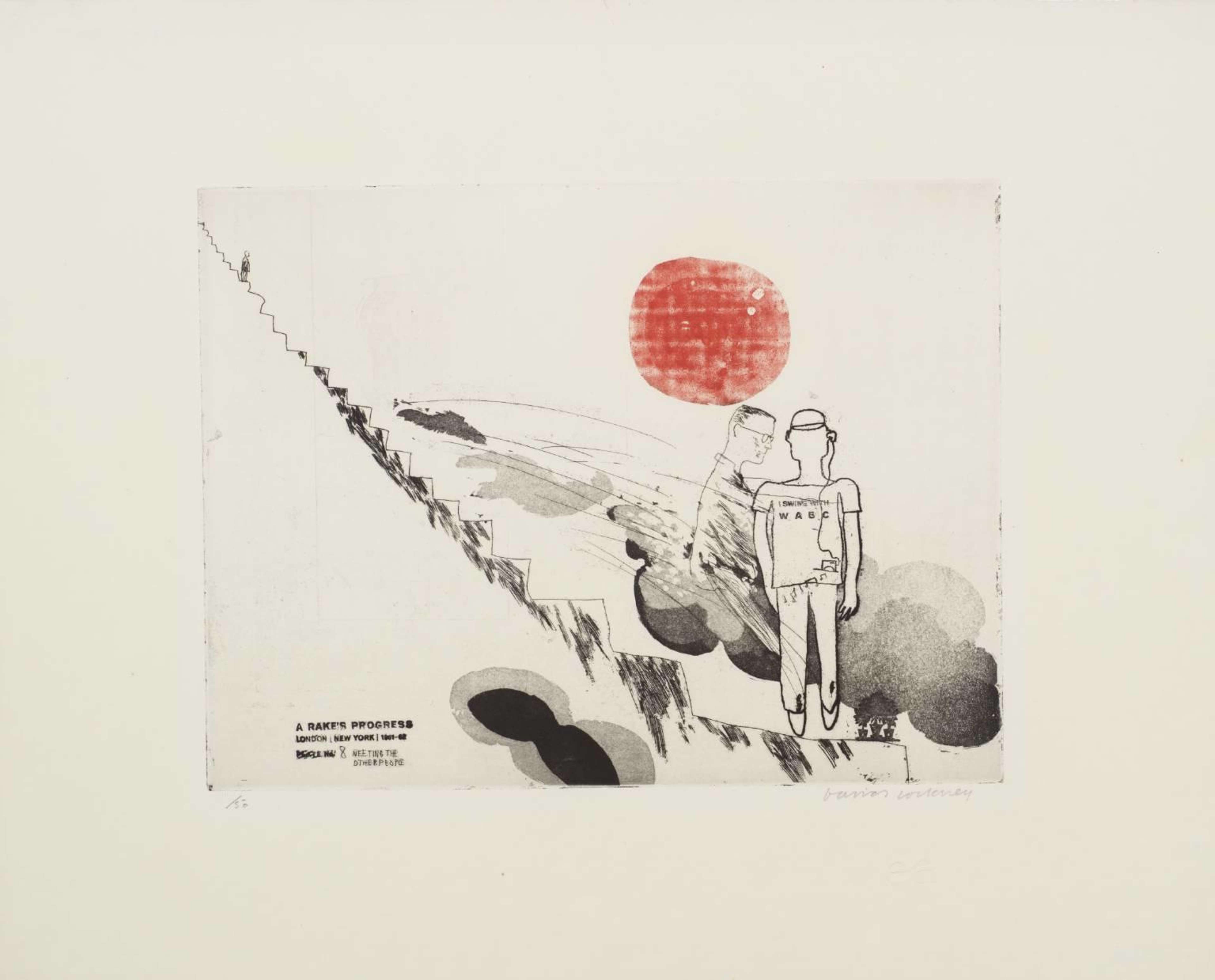 An etching by David Hockney depicting two male figures in black ink against an off-white paper background, with a red circle off-centre in the middle of the composition.