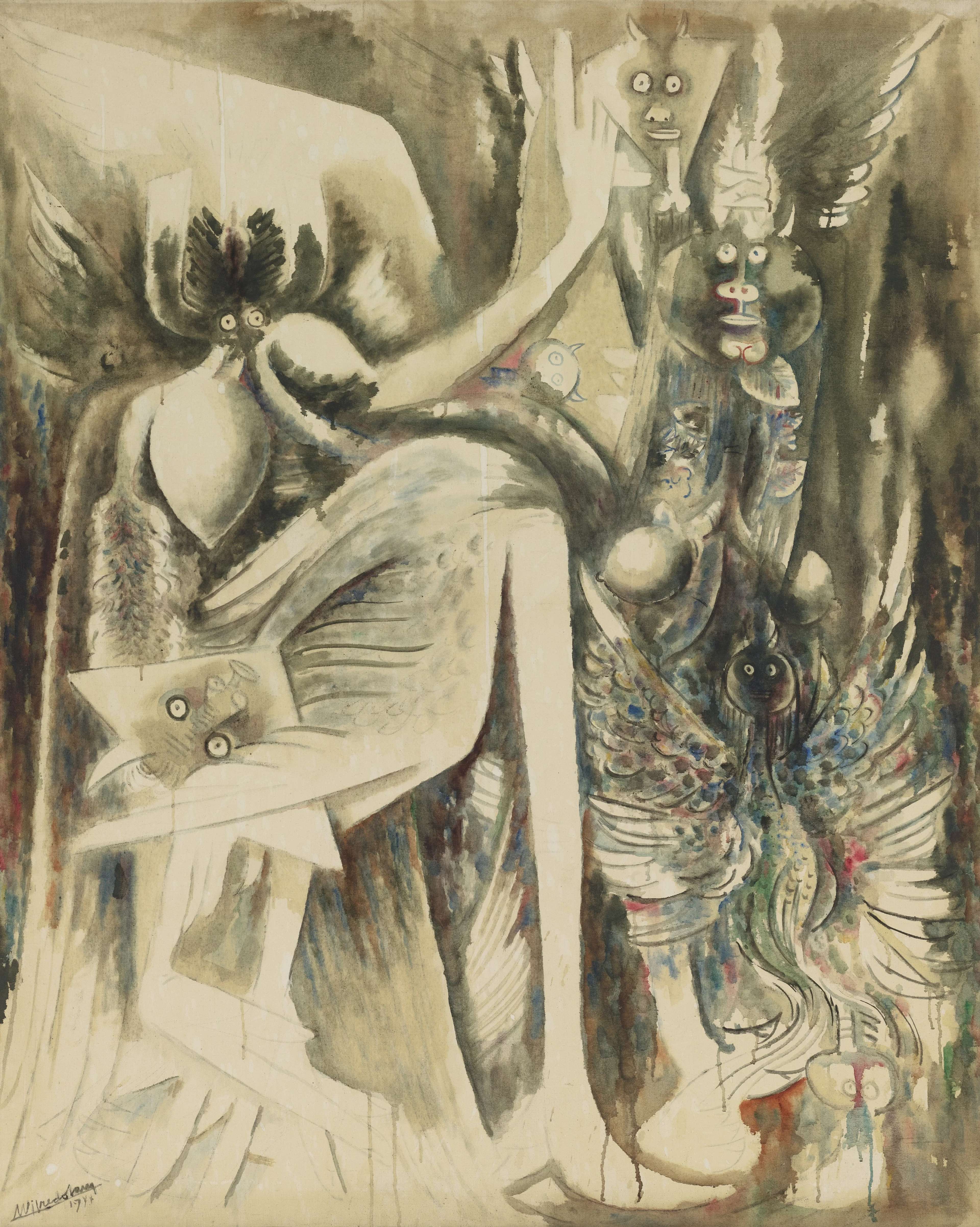 A vertically-oriented canvas depicting ethereal, abstracted figures in ochre and dark green. Specks of additional pink, blue, and green are visible in the feathers of a bird-like creature in the lower right. The composition suggests an undefined spiritual presence with elongated forms that blend human and supernatural elements, rendered with both precise lines and geometric shapes as well as softer, atmospheric areas that create a sense of mystery and otherworldliness. Five sets of round, blank eyes appear to look out at the viewer.