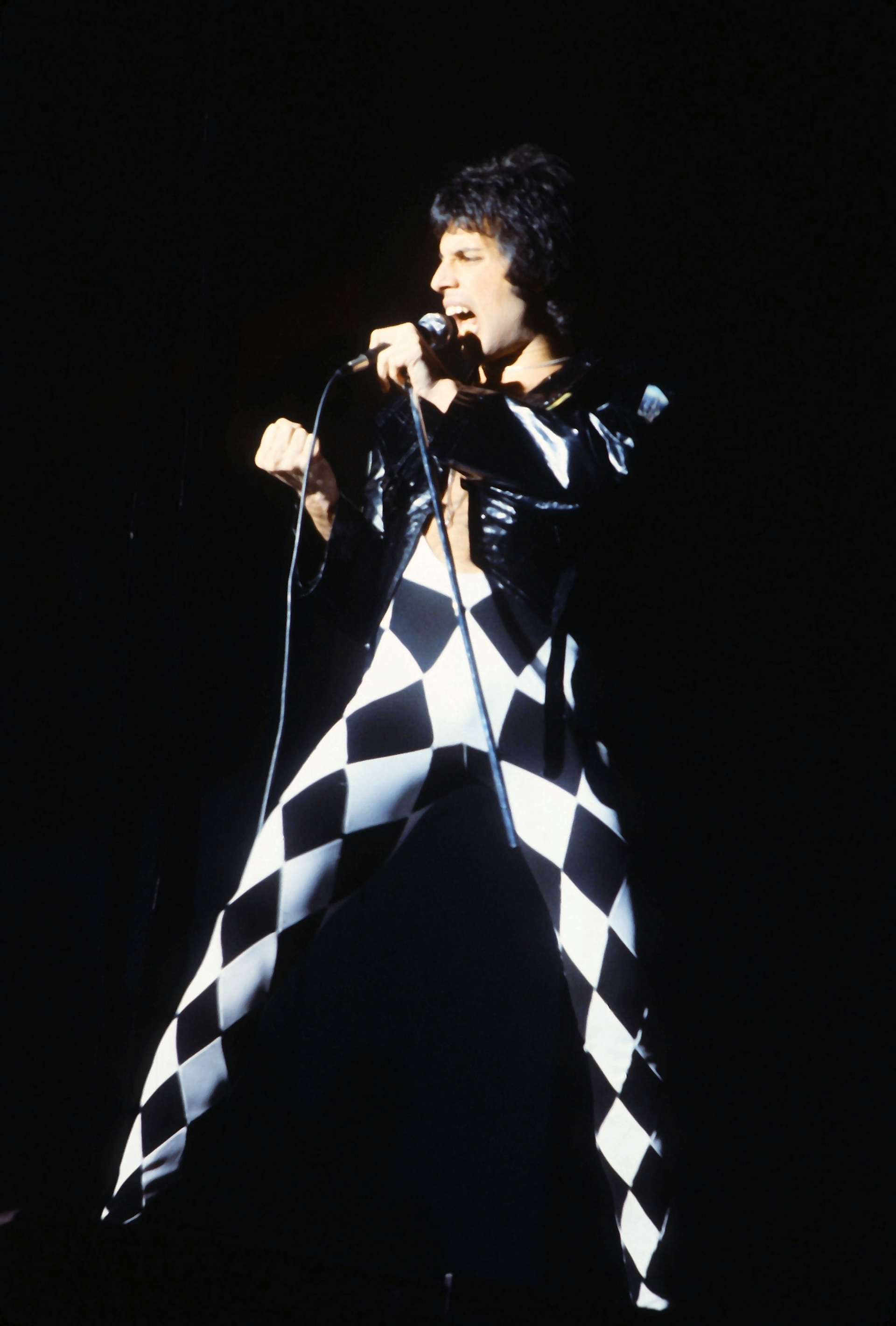 An image of the singer Freddie Mercury on stage. He is wearing a black and white Harlequin-style catsuit and a leather jacket.