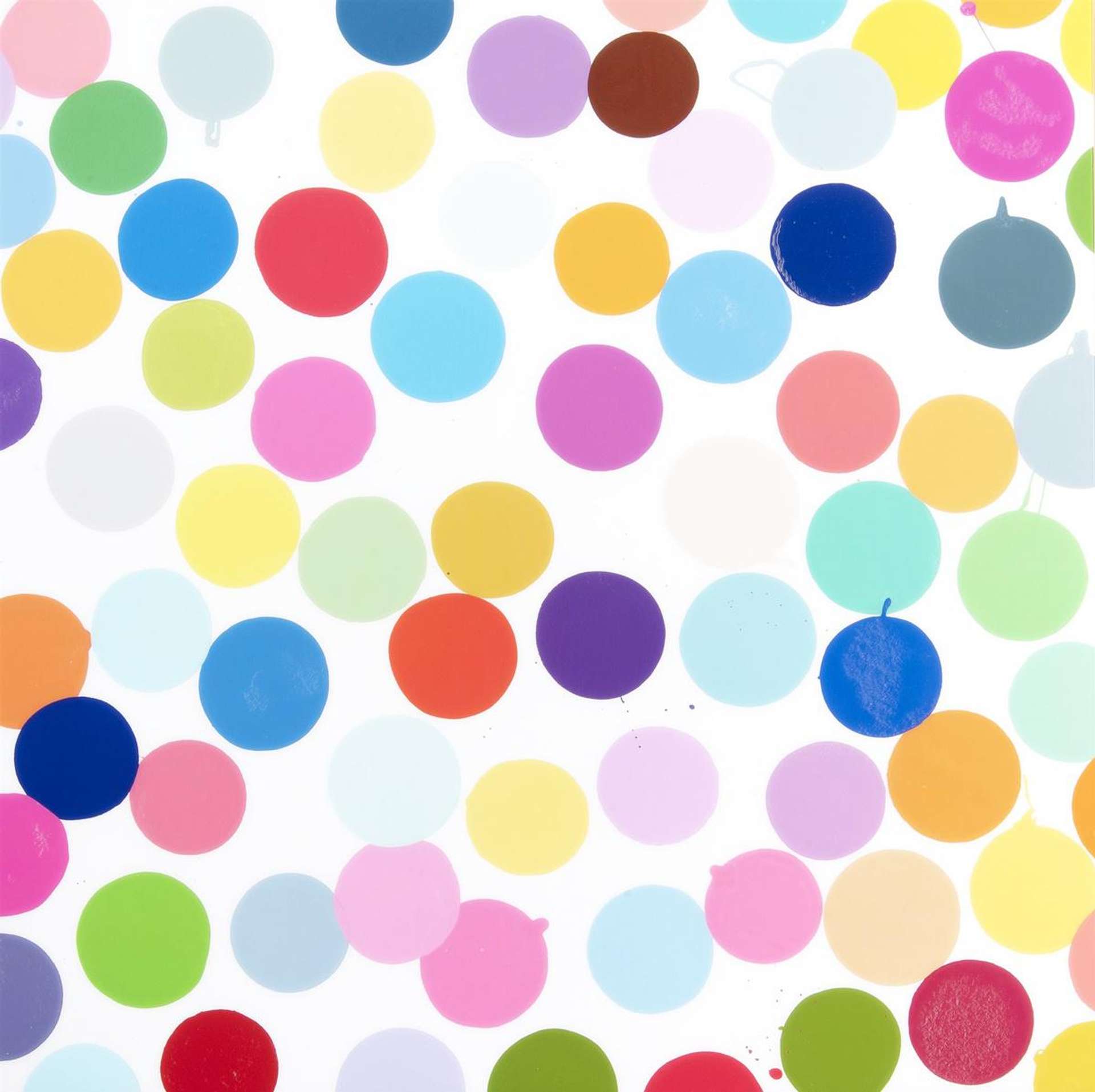 An image of one of Damien Hirst's spot paintings, consisting of several randomly arranged colourful dots against a white background.