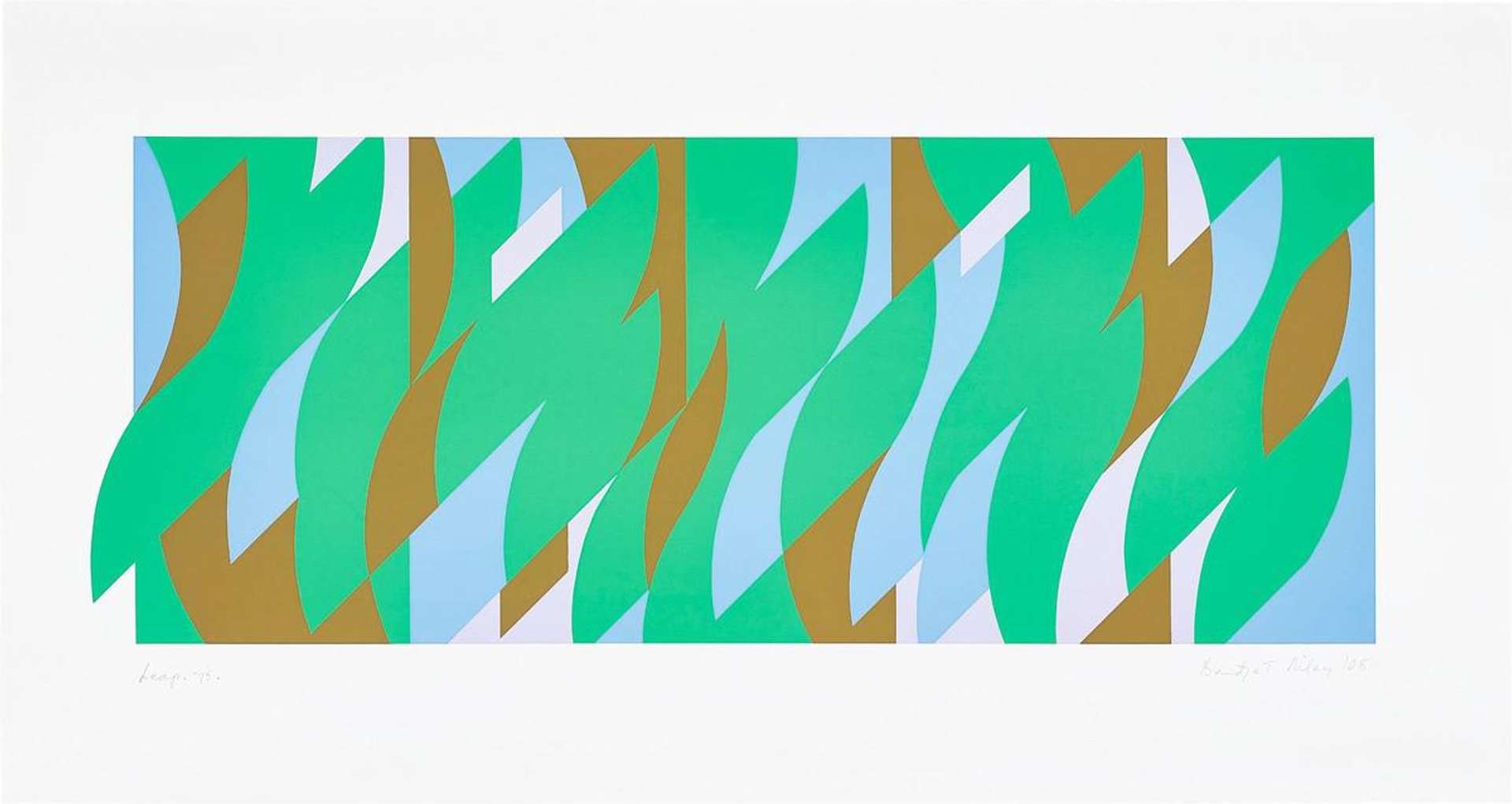 A series of lozenges in varying shades of green and brown overlap in this work.