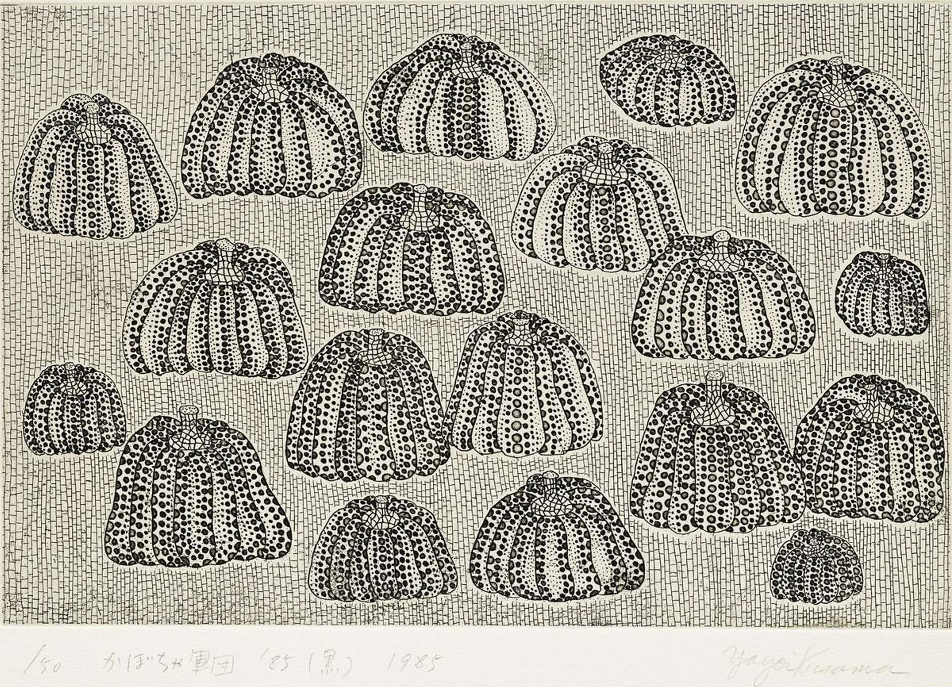 Black and white print by Yayoi Kusama depicting a series of outlined pumpkins against a white background.