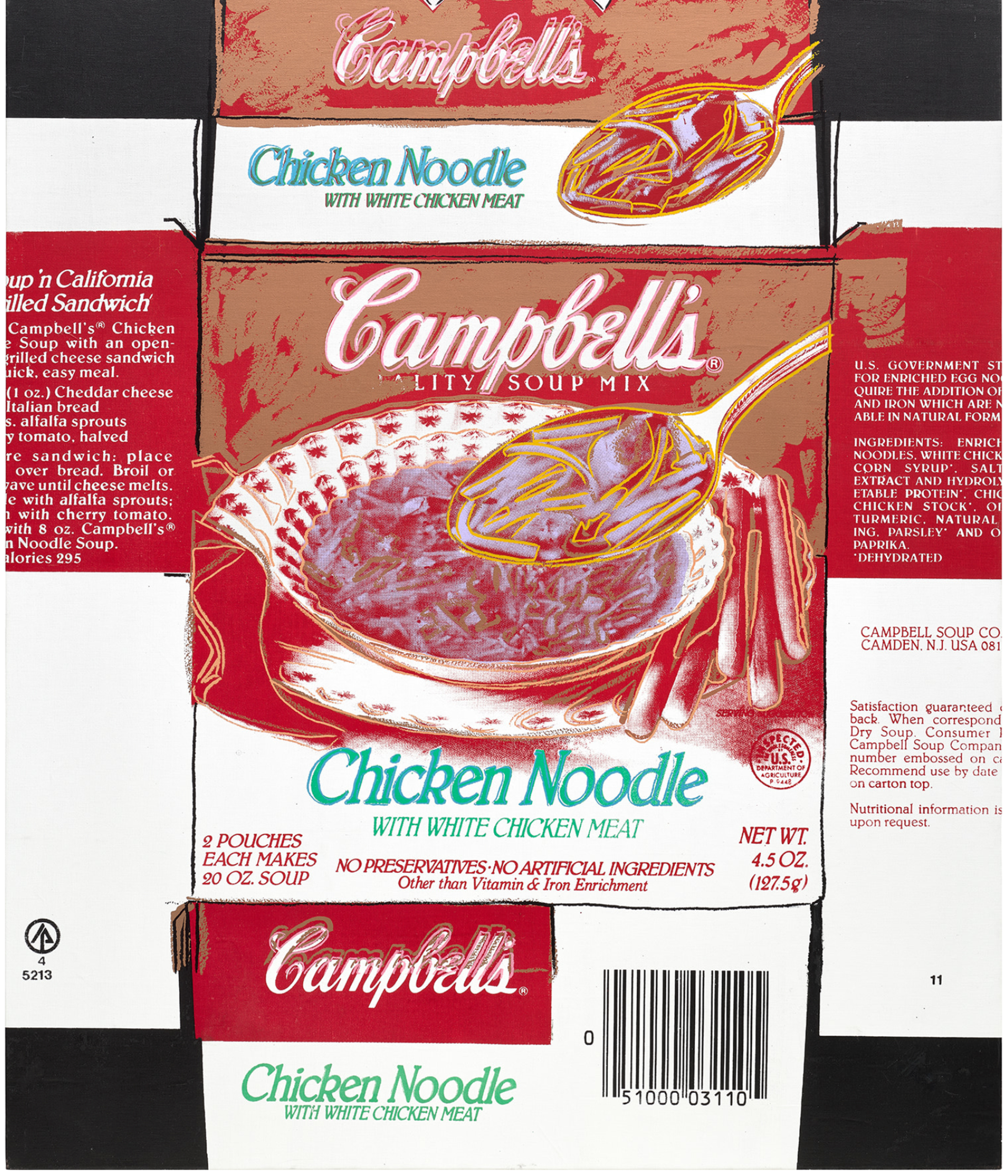 A silkscreen depicting an unfolded Campbell's Soup box in red and white with yellow accents and teal text.