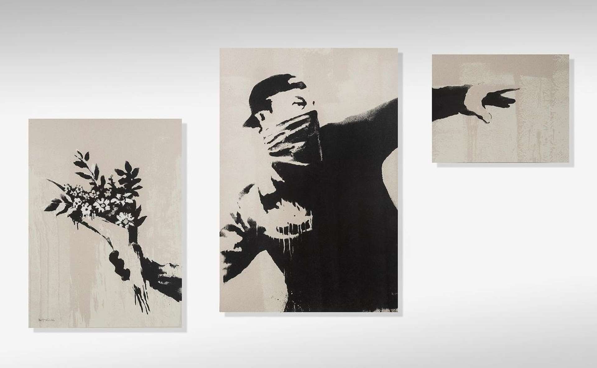 A triptych screenprint by Banksy depiction a man about to launch a bunch of flowers, spread across the three panels.