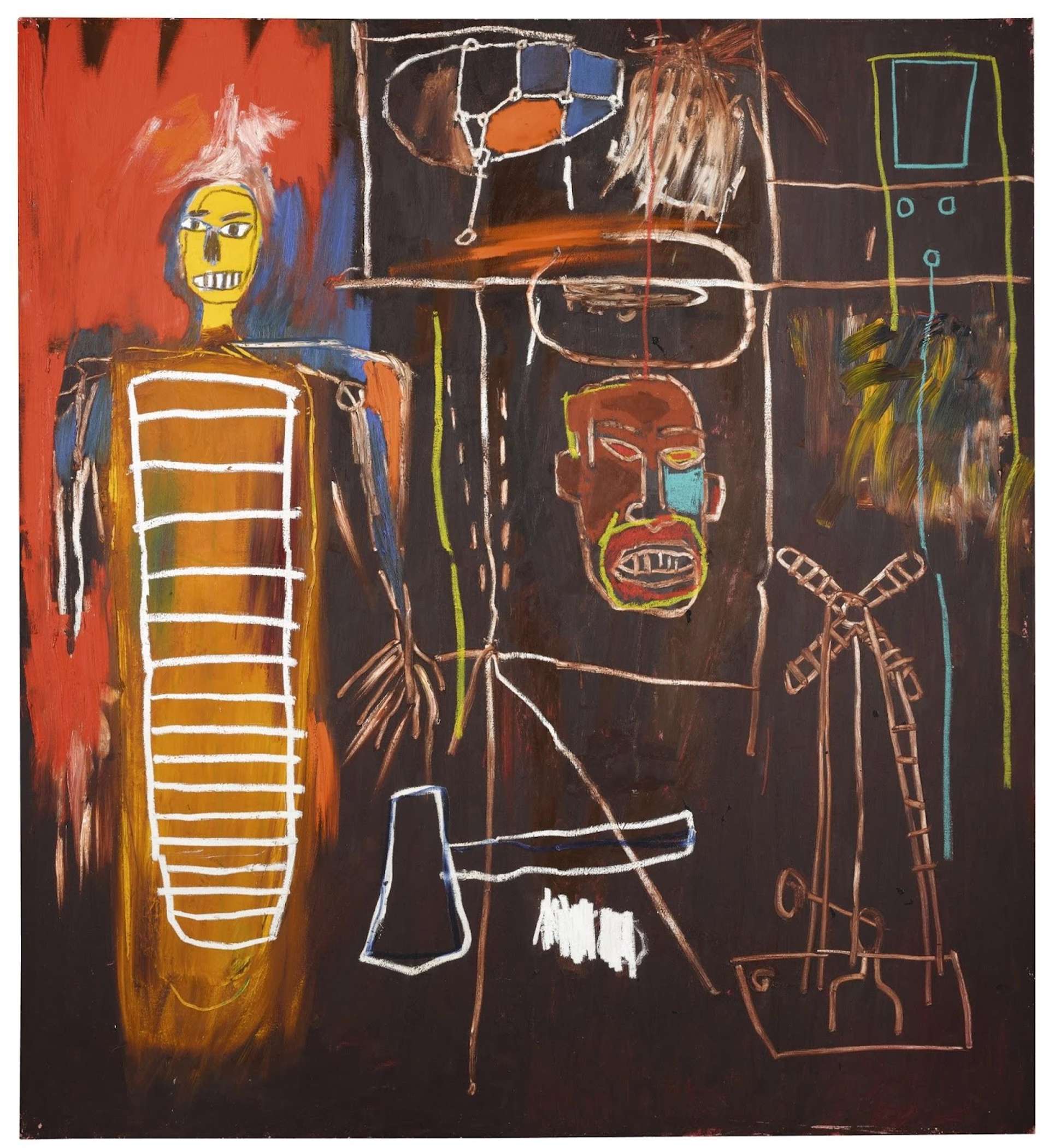 An image of the artwork Air Power by Jean-Michel Basquiat. It shows a figure to the left, with an axe sitting by its feet. In the centre of the composition, there is a disembodied mask-like head. The colour palette is largely promised of browns, reds, yellows and blues
