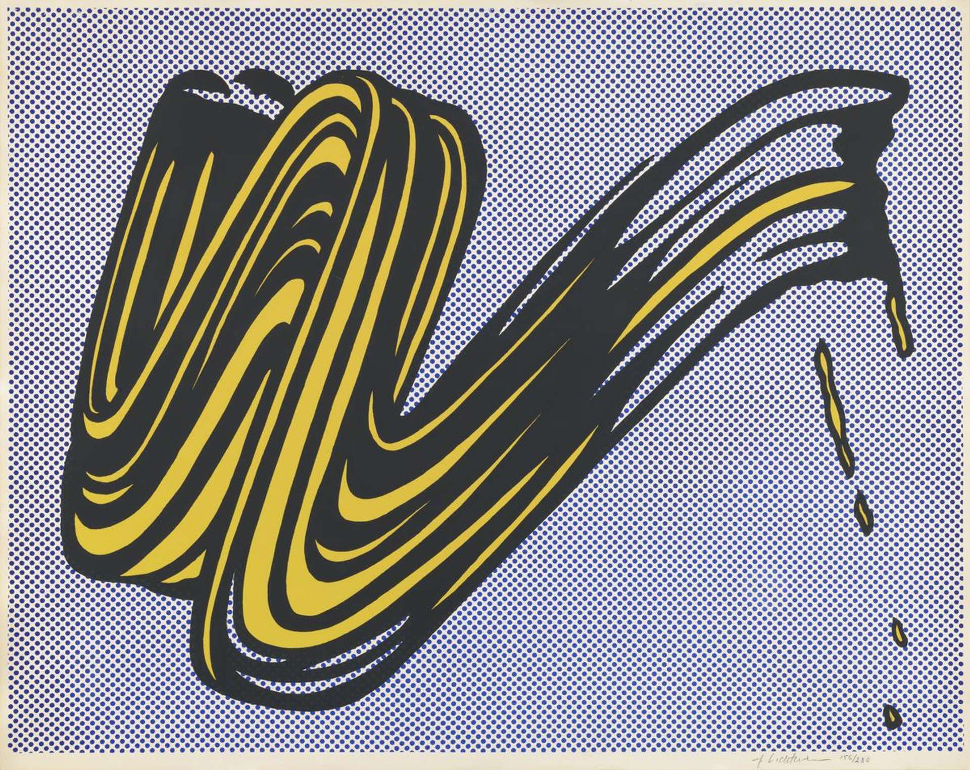 An image of the print Brushstroke by Roy Lichtenstein. It shows a cartoon-like yellow brushstroke, against a background of blue Ben-Day dots.