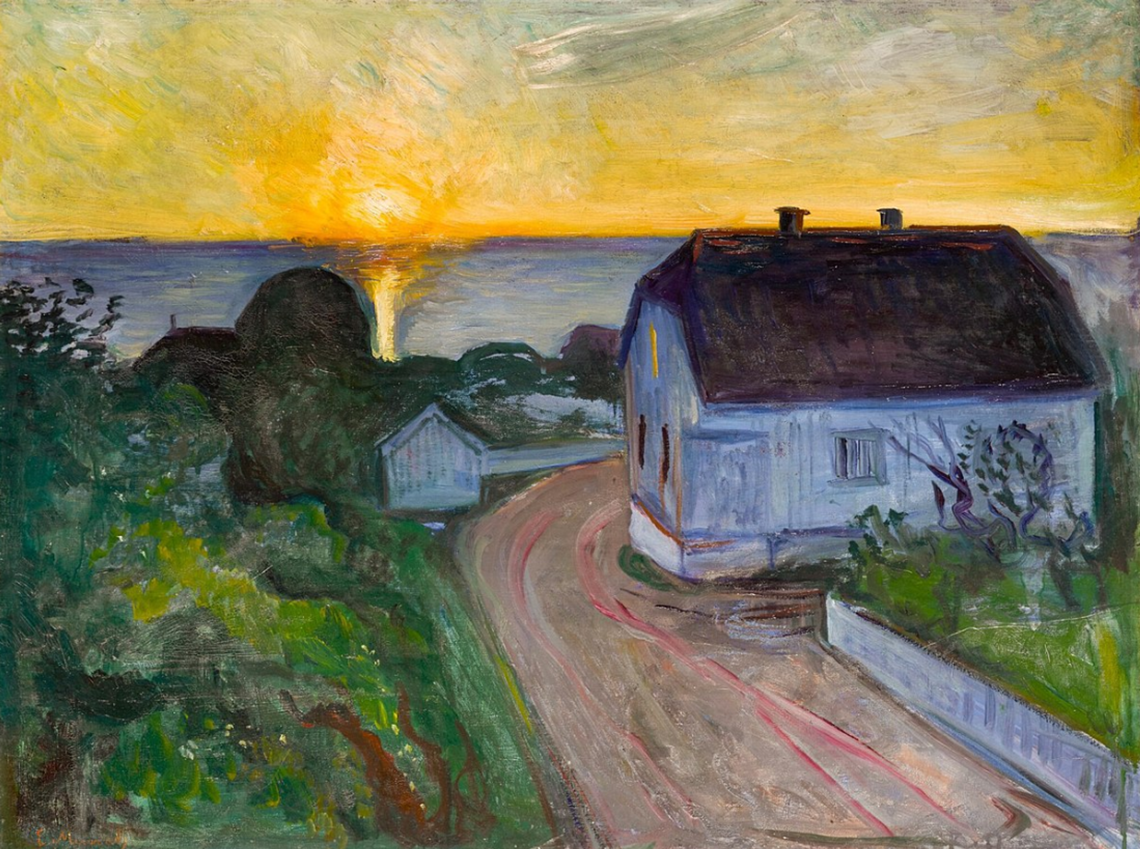 A painting of the sunrise in Åsgårdstrand, with the sun casting a golden glow across a calm sea. A white house with a dark roof sits to the right, beside a winding dirt road bordered by greenery. The foreground is filled with lush foliage.