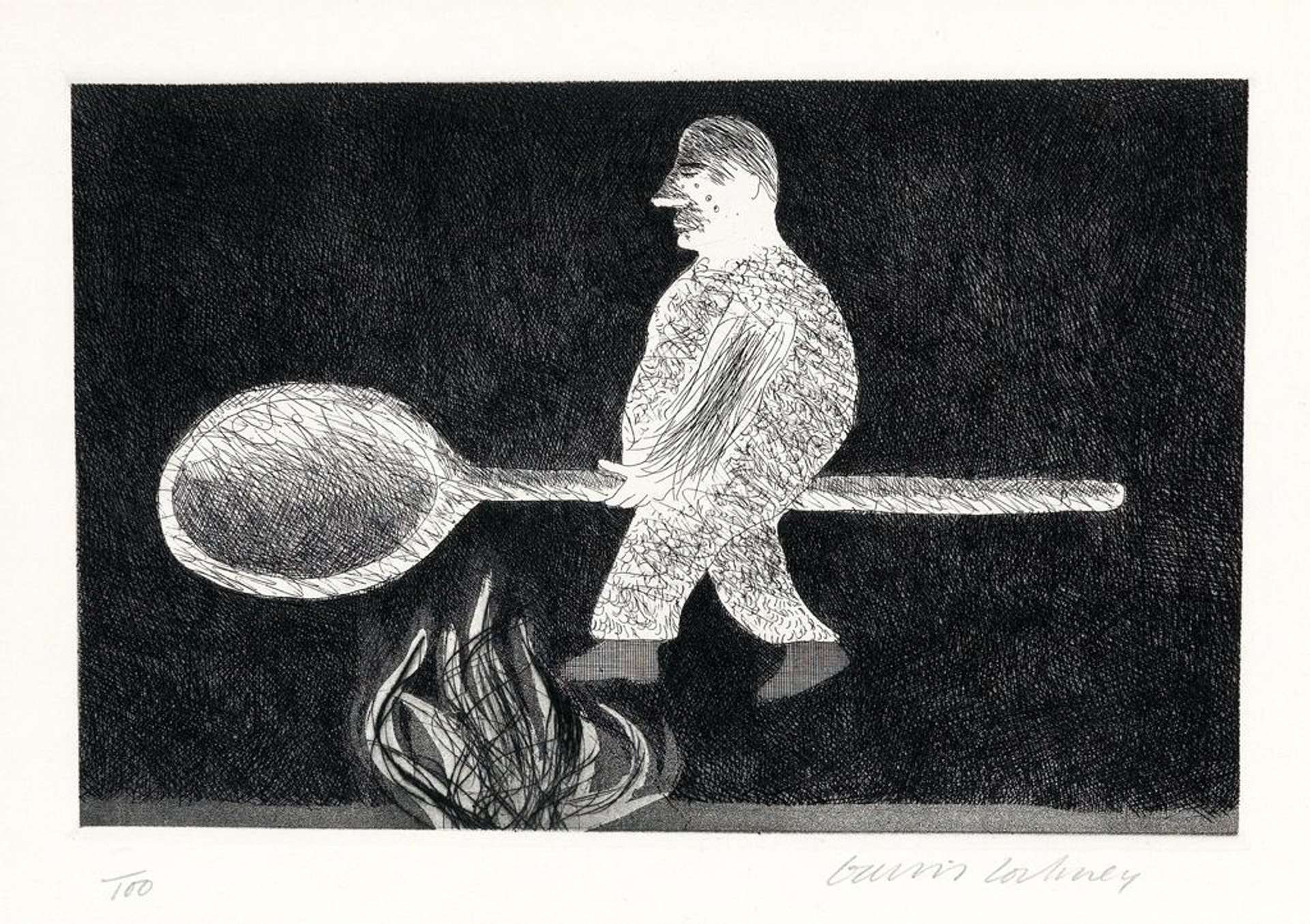 Against a dark background of thickly hatched marks, a man is shown riding a wooden spoon. He is dressed in a kind of fuzzy overall that resembles a hairshirt. His face is darkened and his eyes closed as his feet dance over the fire below.