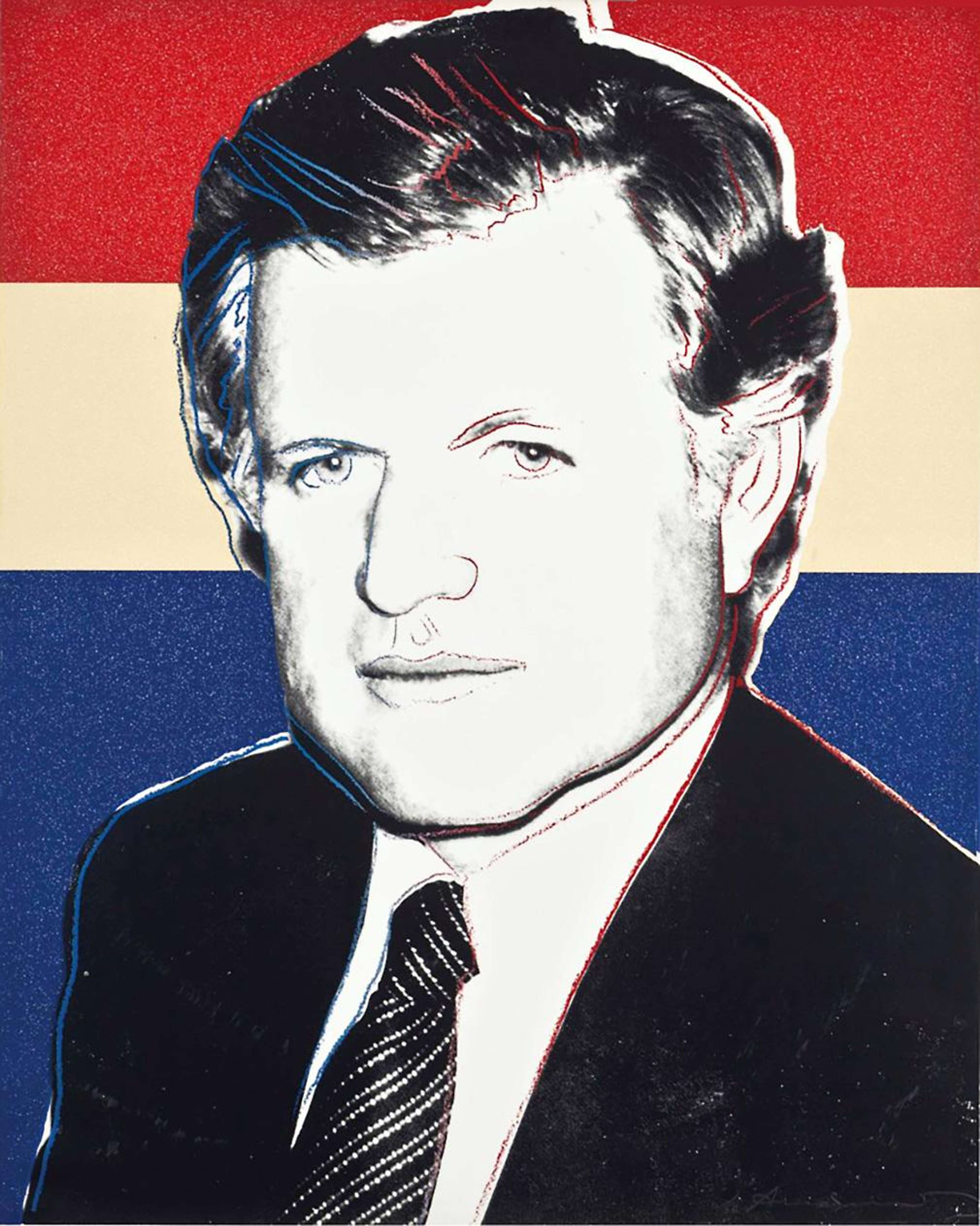 The print shows a portrait of the American politician, Edward Kennedy, posing confidently in a smart suit and tie. Kennedy is rendered in black and white against a striped red white and blue background. Warhol adds colourful gestural lines to the image of Kennedy to delineate his facial features and hair.