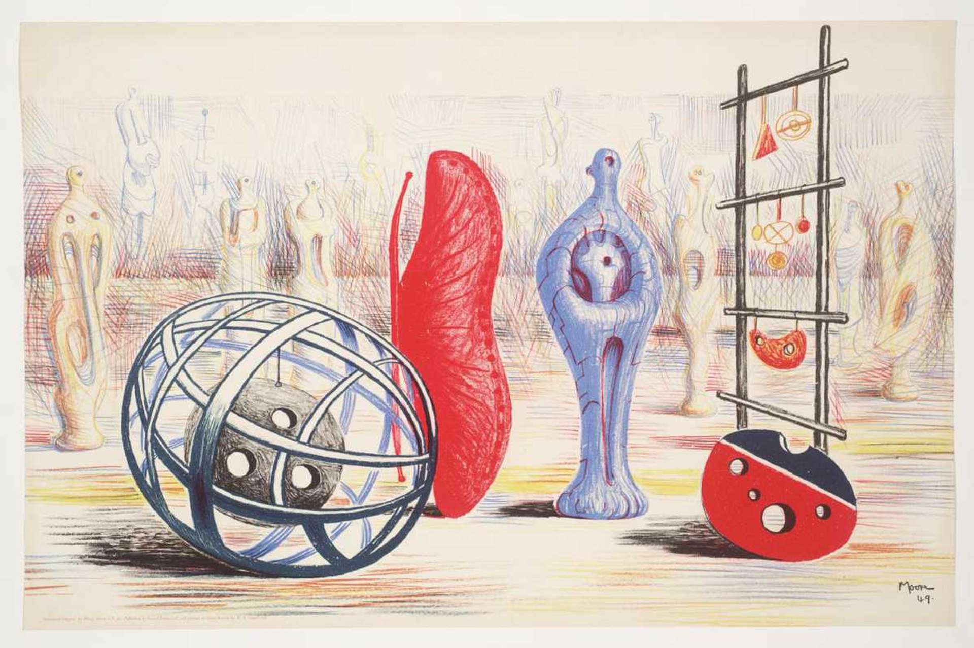 Abstract screenprint with three-dimensional spheres, axis lines, a smaller sphere with holes, and a larger sphere on the left supporting a ladder assembly. Various abstract sculptural objects in different colors create a surreal atmosphere.