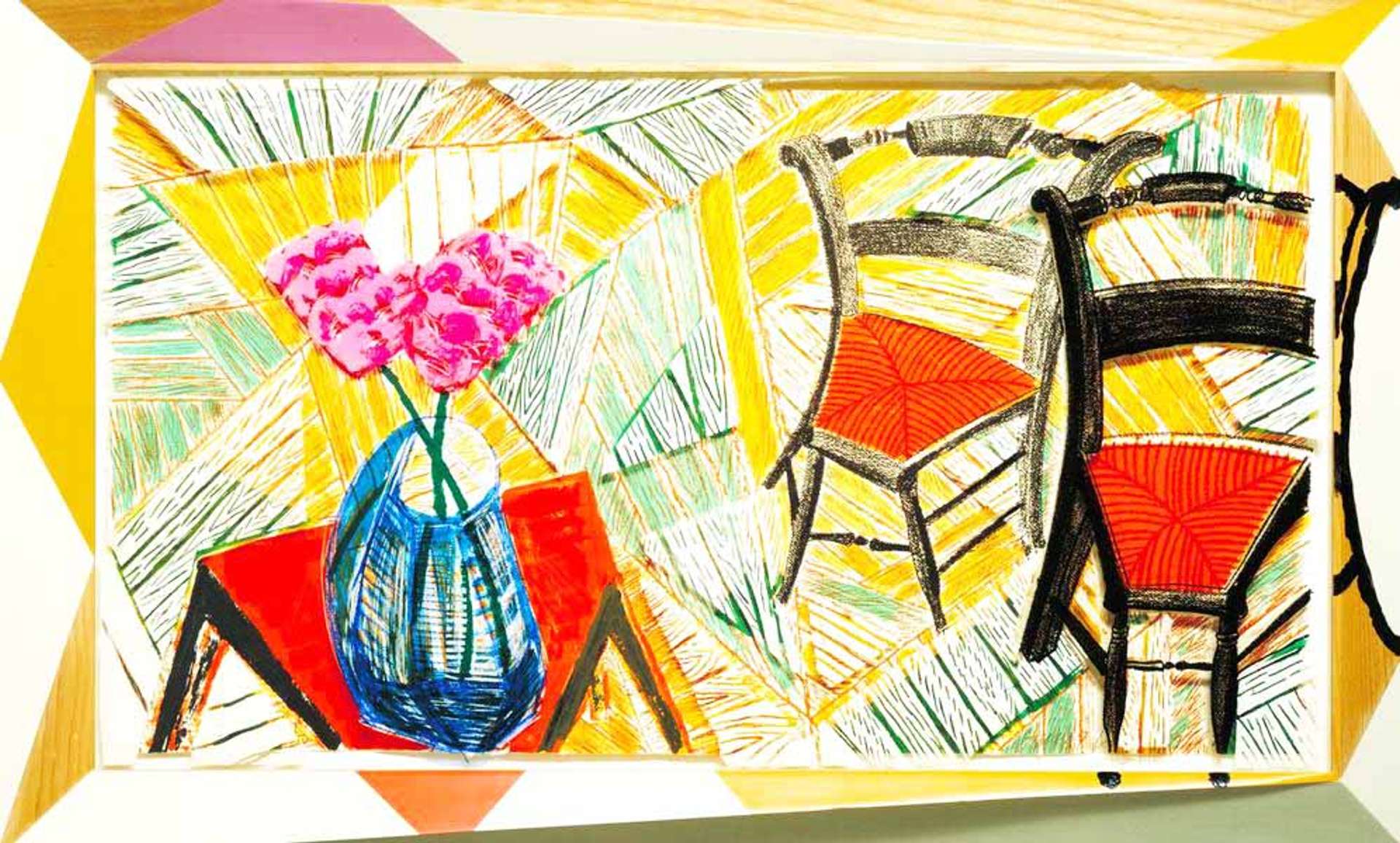 David Hockney's Walking Past Two Chairs. A lithographic print of two black chairs with red cushions next to a blue vase filled with pink flowers.
