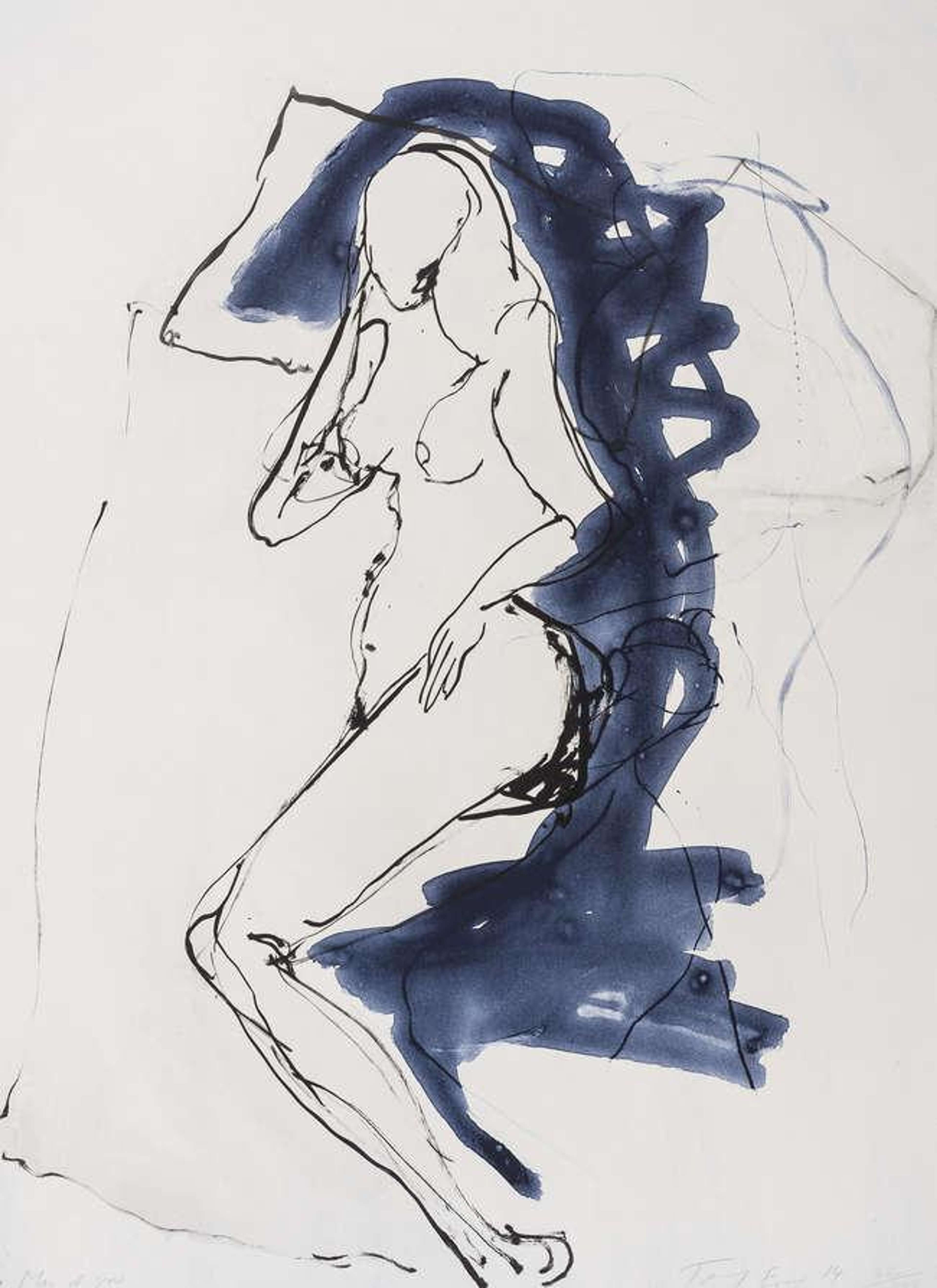 Line drawing of a nude woman reclining against an abstract pool of blue colour