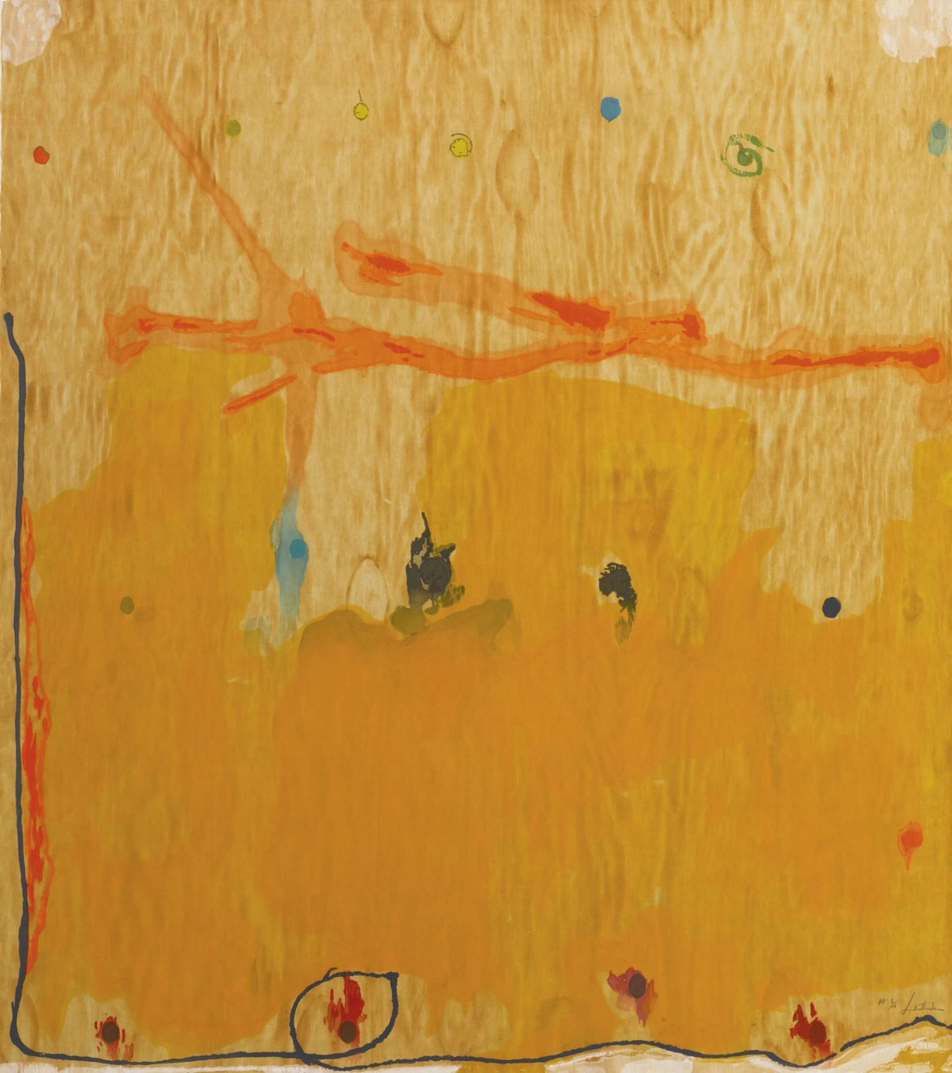 Helen Frankenthaler’s Tales Of Genji II. An abstract expressionist woodcut print of an orange based landscape with various accent colours. 
