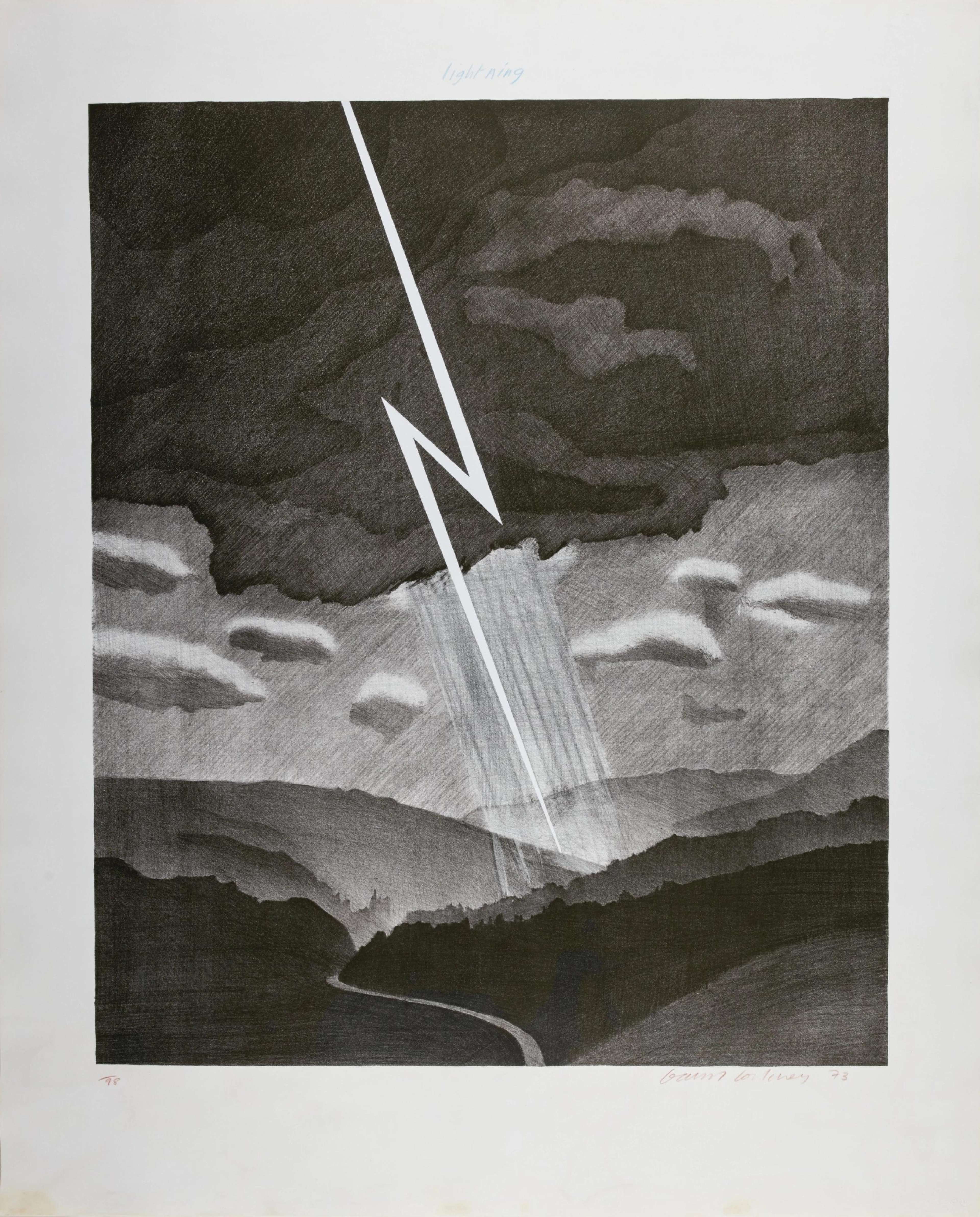 David Hockney's Lightning. A monochromatic print of a bolt of lightning jolting from the sky above a dark landscape.