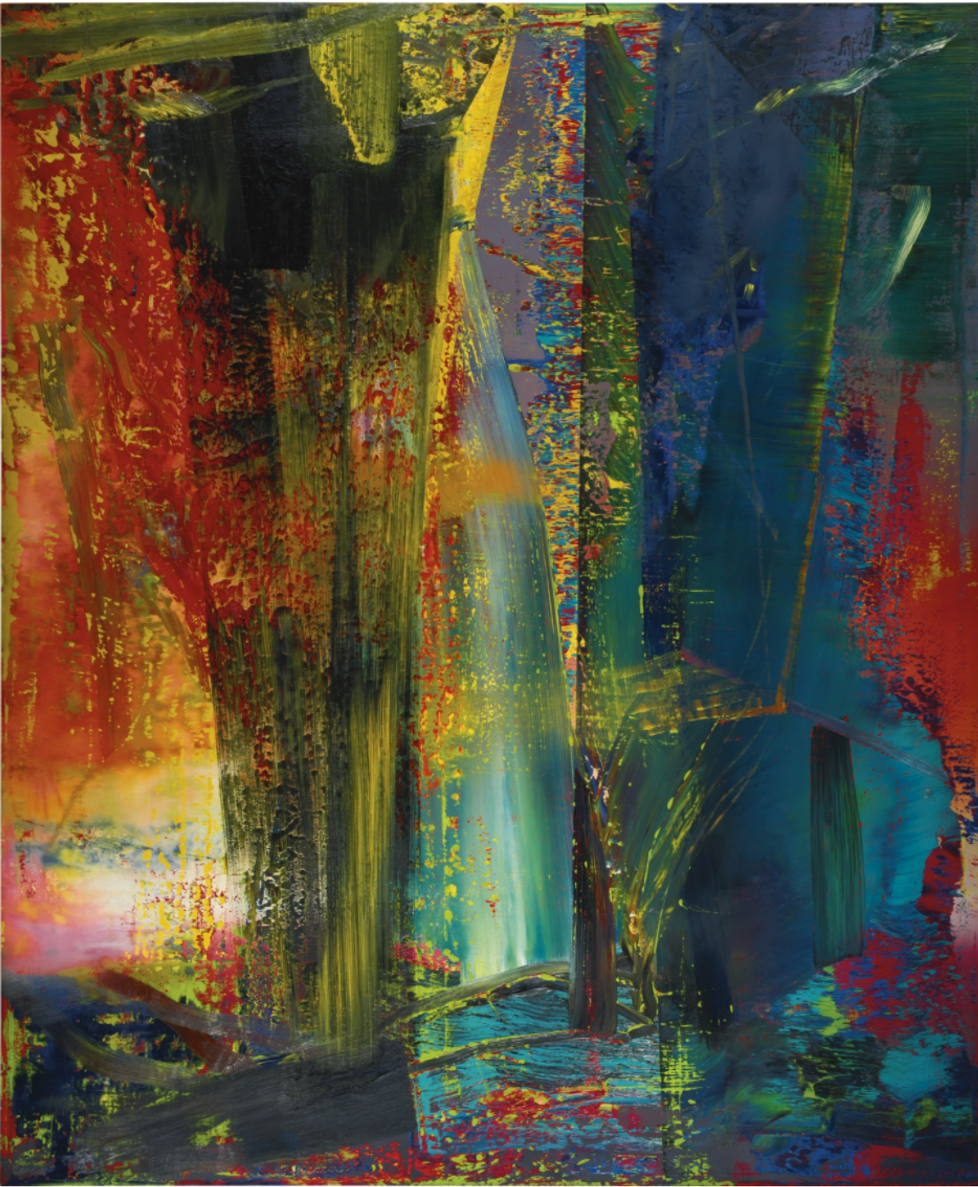 Abstract painting by Gerhard Richter, depicting abstract smears of green, blue, red and yellow paint.