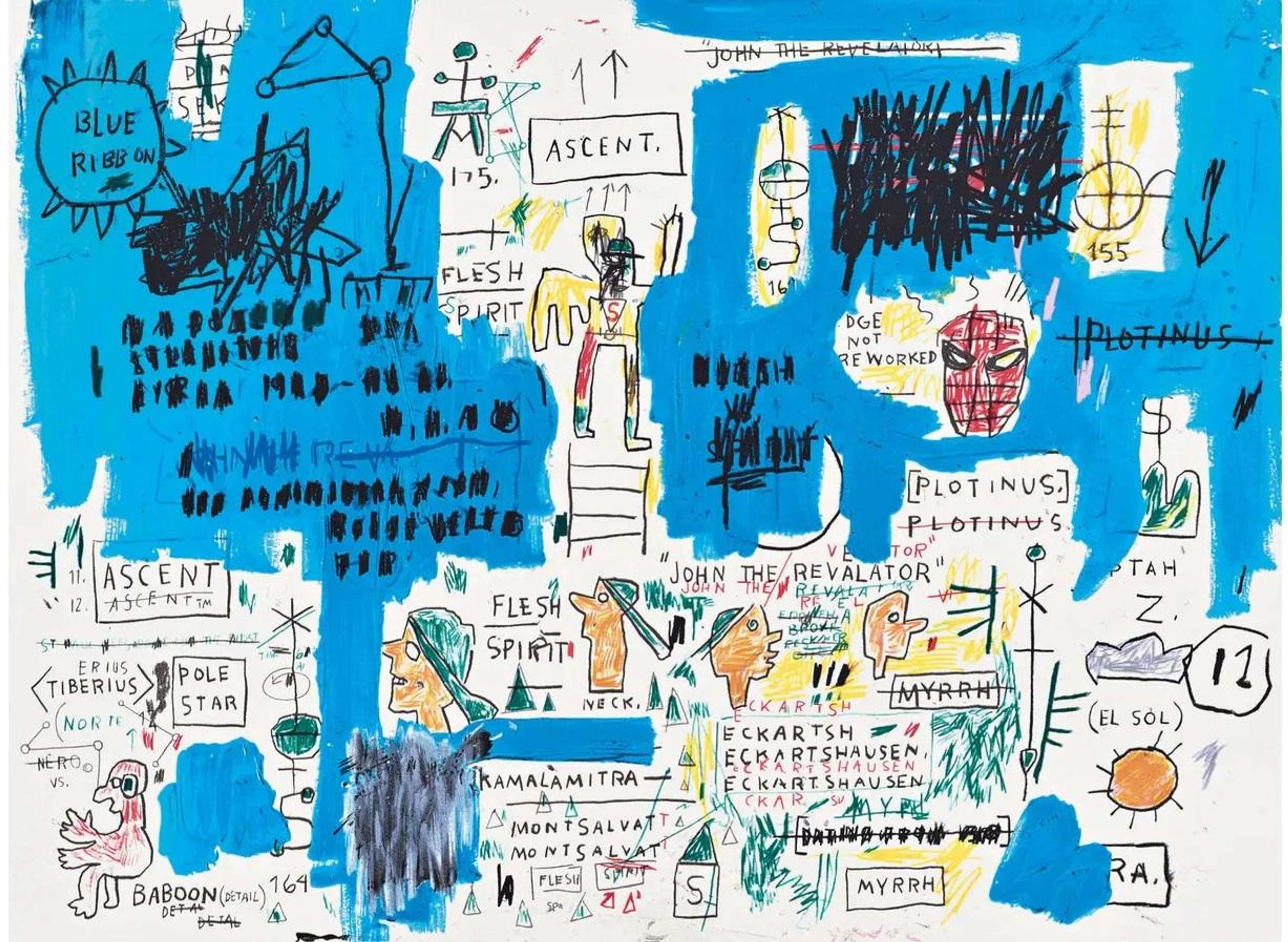 Jean-Michele Basquiat’s Ascent. A Neo Expressionist screenprint of abstract symbols and religious figures and texts across a white and blue background.