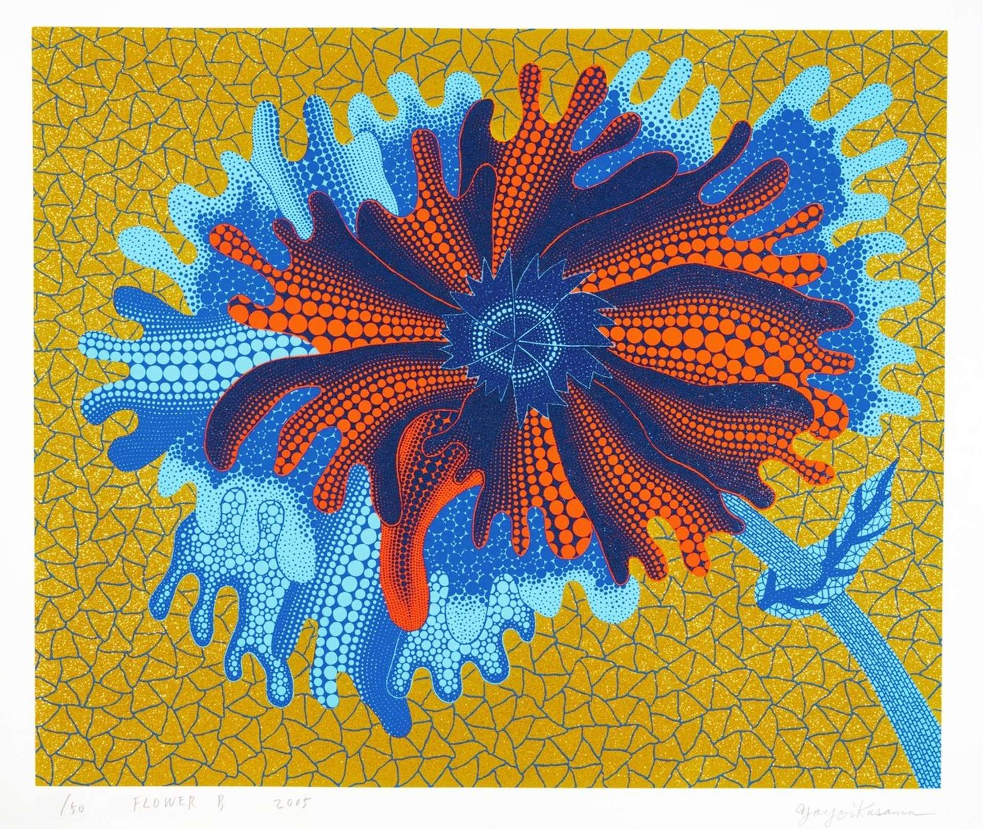 Yayoi Kusama’s Flower B. A screenprint of a flower comprising various shades of blue and orange polka dots against a yellow, geometric background.