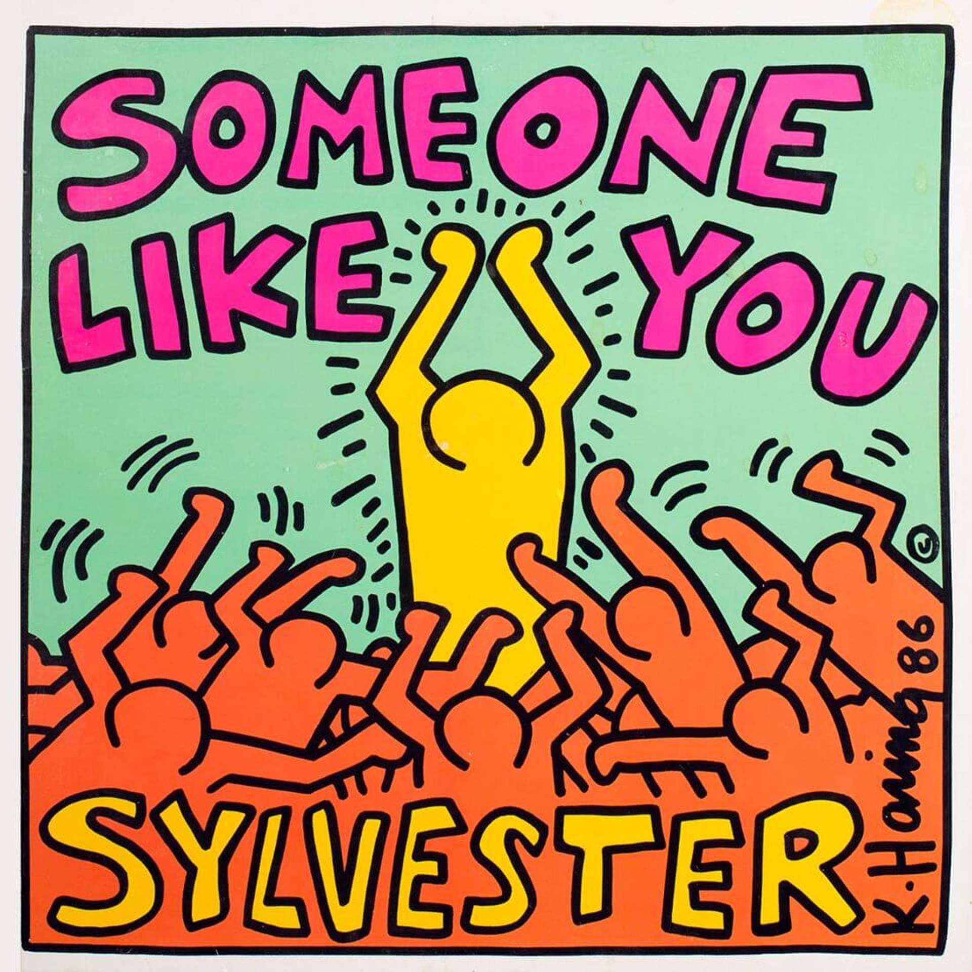 An image of the album cover for Someone Like You, drawn by artist Keith Haring. It depicts a yellow figure standing out among numerous other orange figures against a green background. Above, the song title is done in pink.