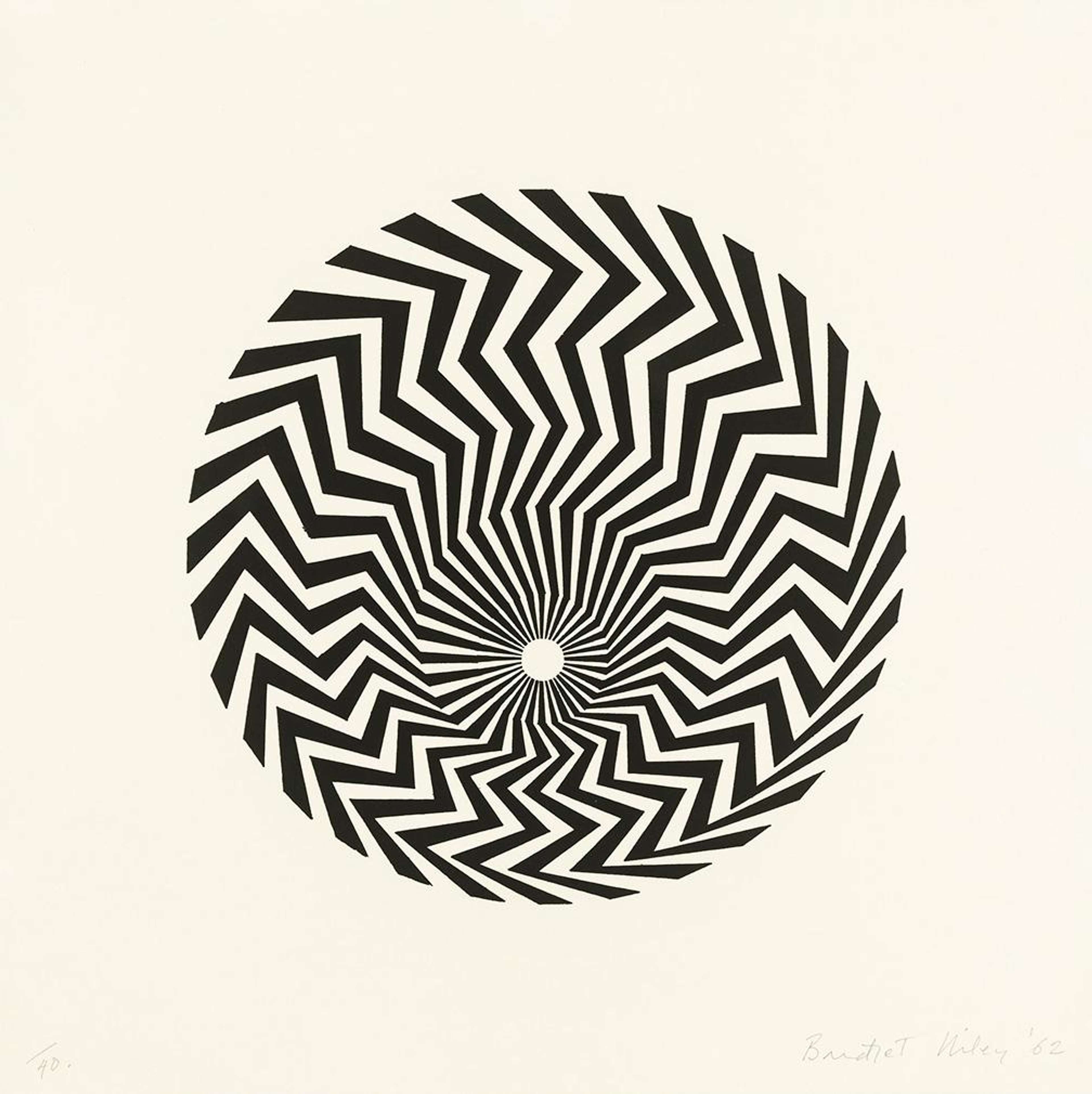 Print with a fascinating pattern composed of zig zagging black lines. A circle is rendered in the centre of the composition and thick black zig zags emanate from the centre of the circle.