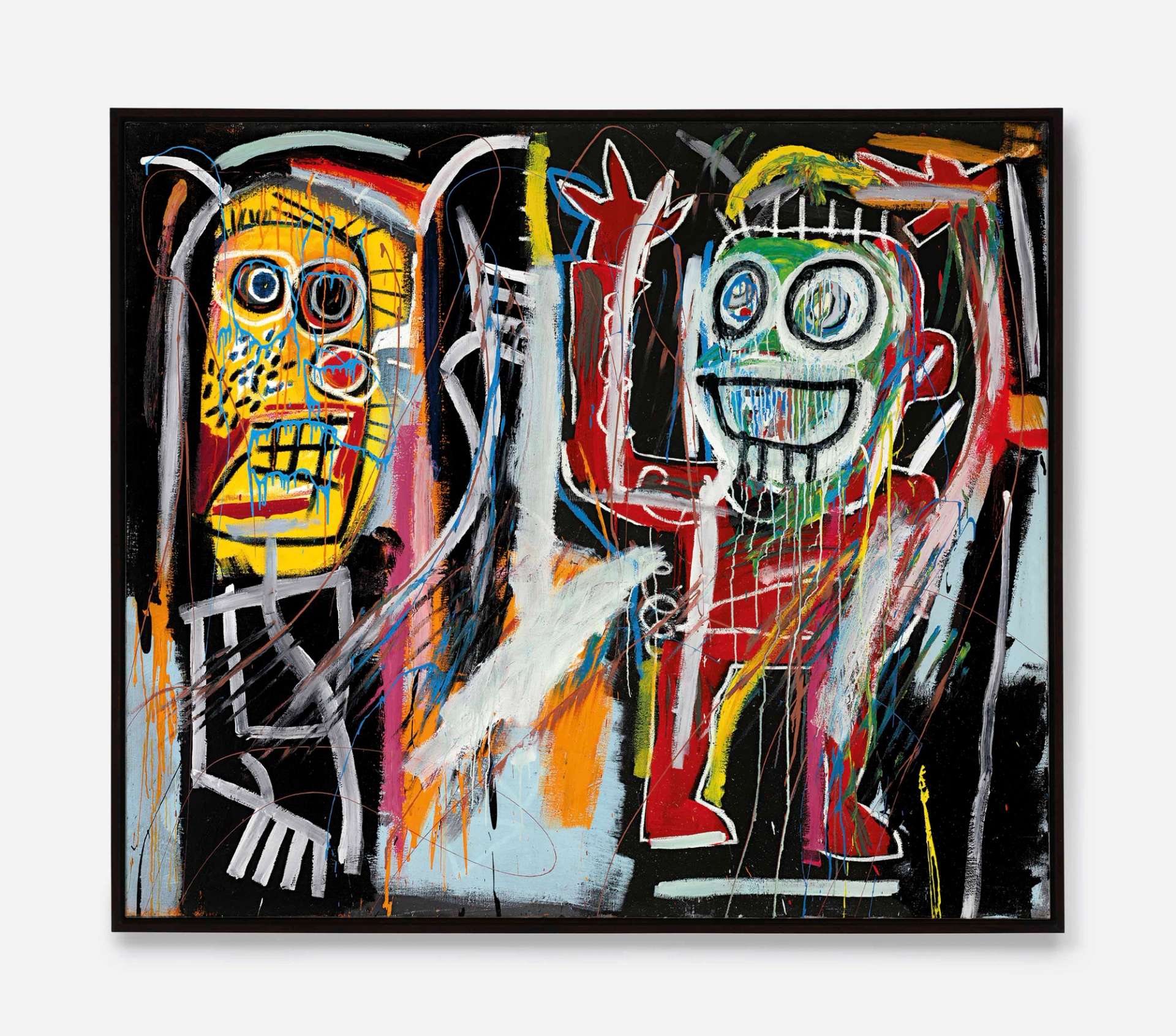 An image of Jean-Michel Basquiat’s Dustheads, showing two figures in his characteristic style. One of them is rendered in red, and raises its arms. The other one has a yellow face. Both figures display wide eyes and grins.