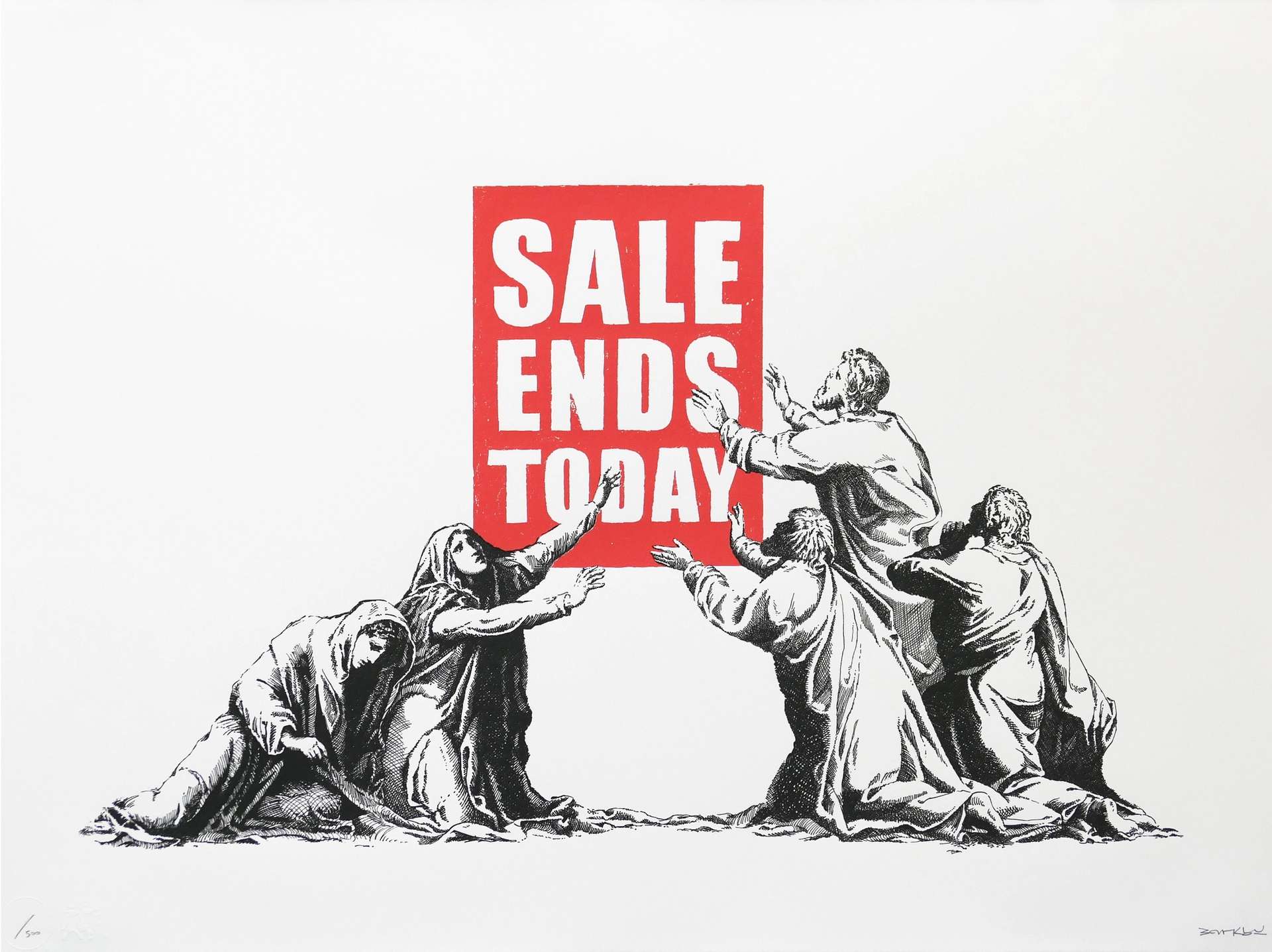 A screenprint by Banksy depicting the lamentation of Christ in black and white, with the figure of Christ replaced by a red sign with white text reading: “SALE ENDS TODAY”