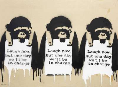 Laugh Now But One Day We'll Be In Charge - Signed Spray Paint by Banksy 2002 - MyArtBroker