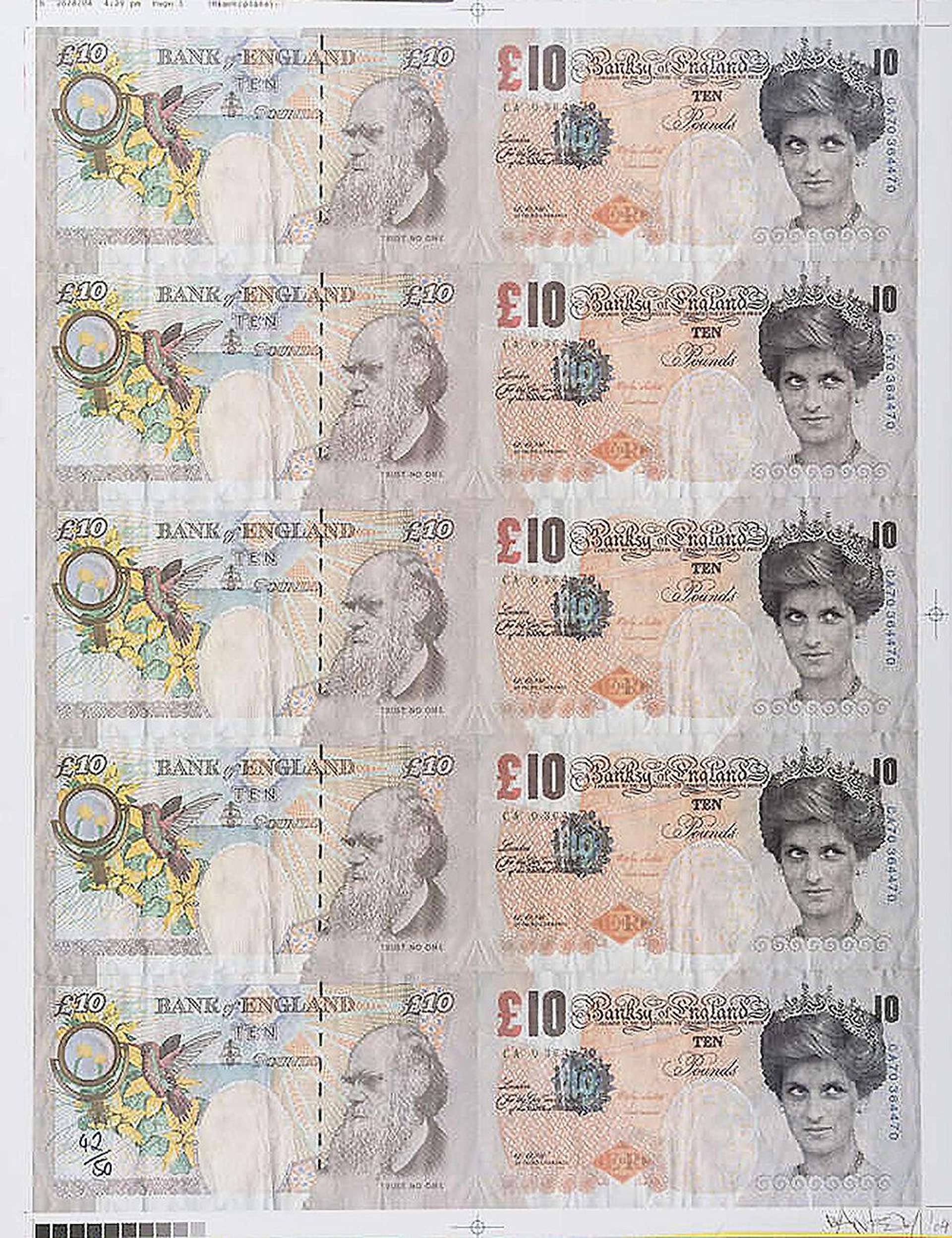Two columns each with five GBP ten pound notes - the left column showing Charles Darwin and the right column showing Princess Diana instead of the Queen