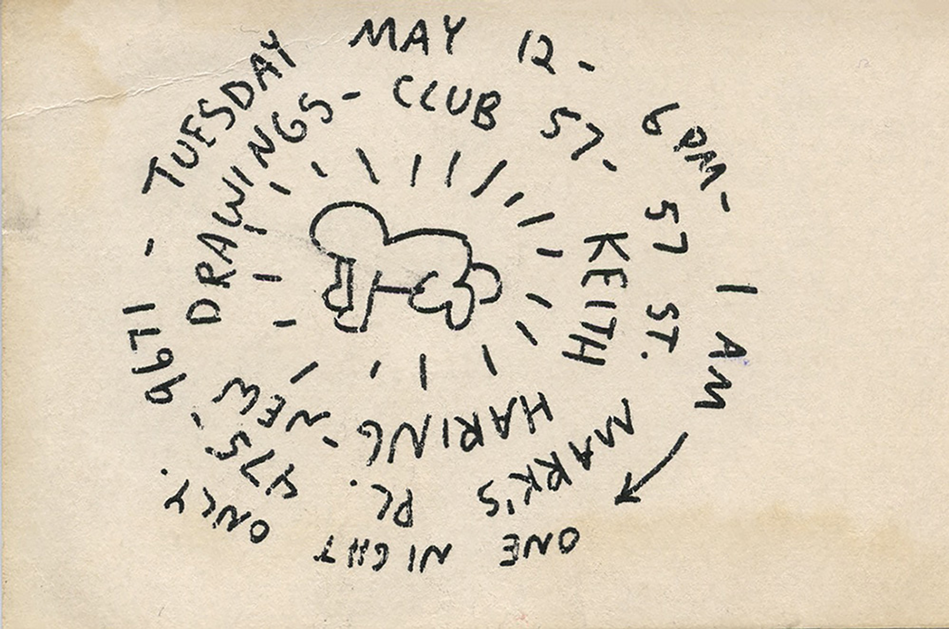 One of the thousands of flyers that Keith Haring made promoting Club 57, this one featuring one of his signature radiant babies, with spiral writing surrounding it.