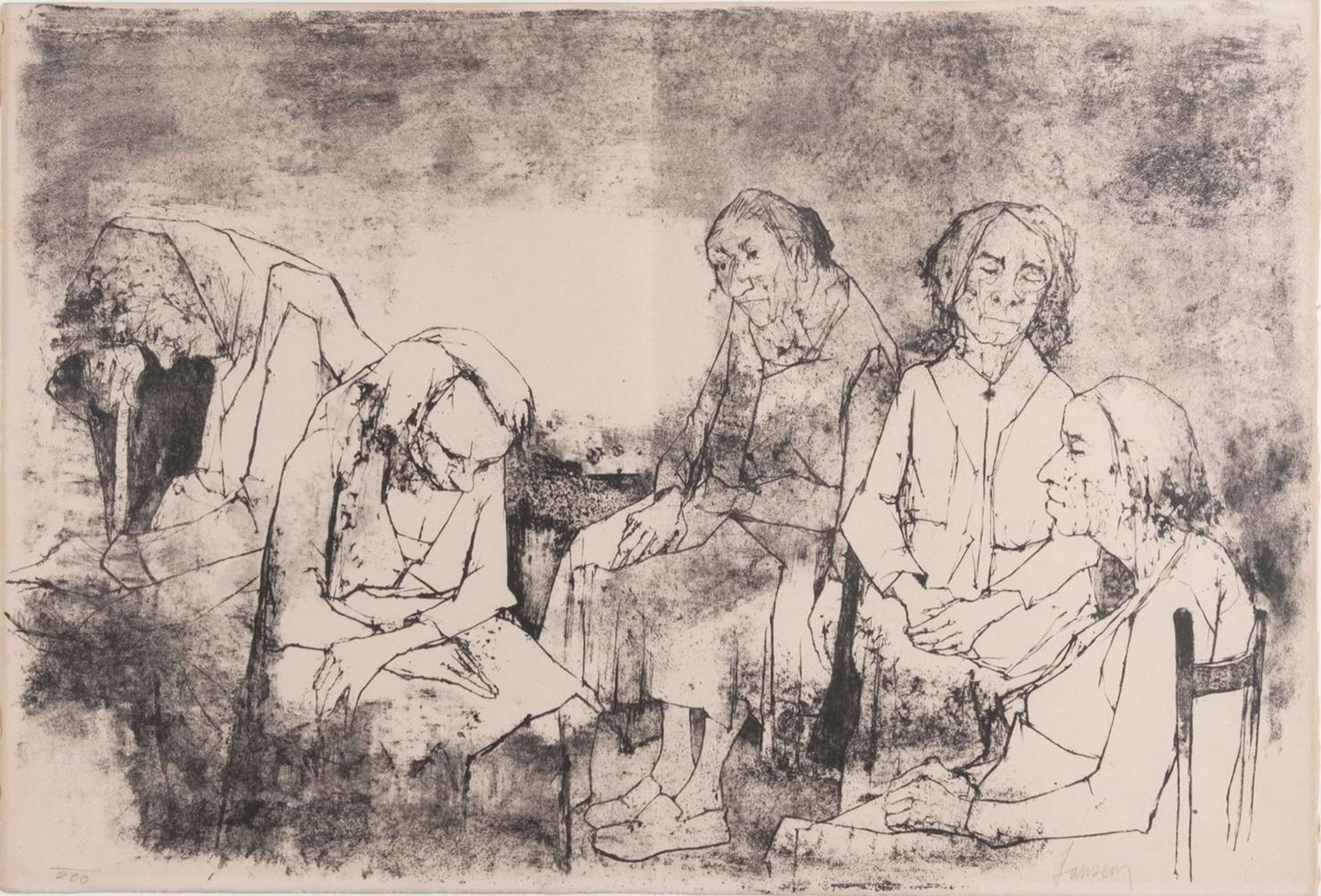 Untitled (Five Elderly People Sitting) - Signed Print by Jean Jansem null - MyArtBroker