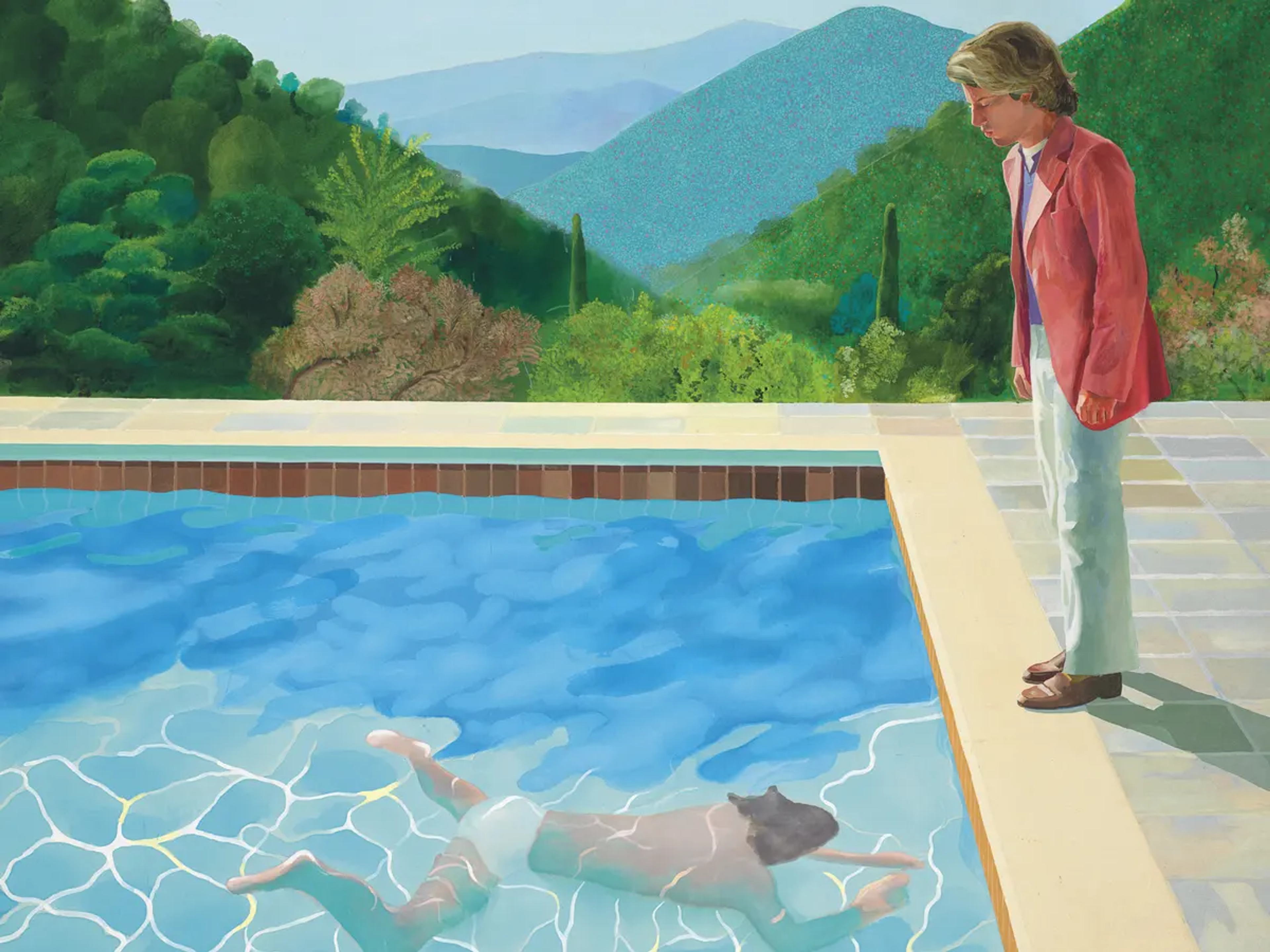 David Hockney’s Portrait Of An Artist (Pool With Two Figures). An acrylic on canvas work of a man watching another man swimming in a pool outdoors. 