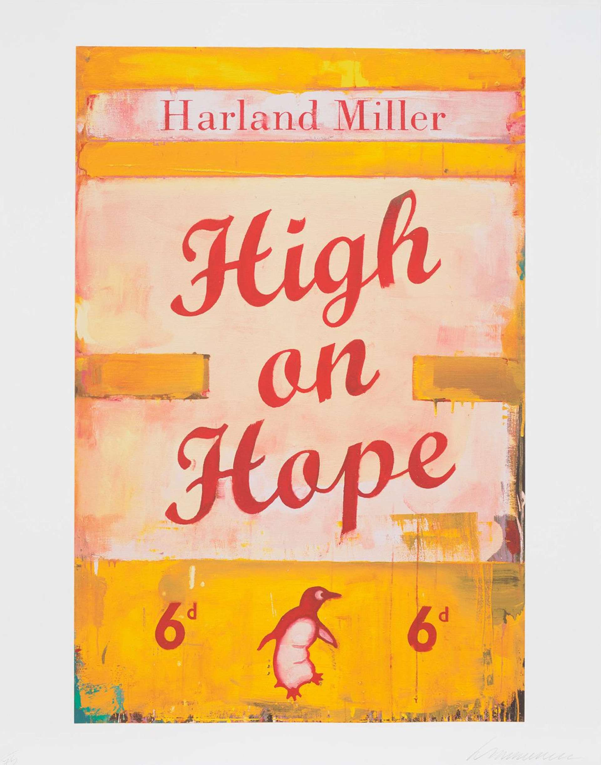In High on Hope, Miller envisions Penguin publisher’s post-war graphics, choosing to employ the most conventional paperback colour of all; orange. The book has its title written in elaborate lettering.