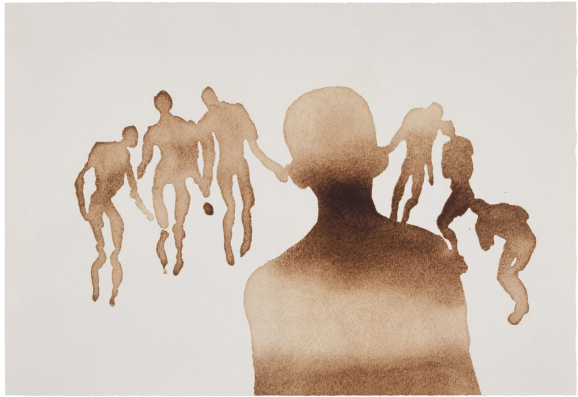 A screenprint depicting one central figure surrounded by six additional figures, three on the right and three on the left. The figures are depicted in beige, standing in various poses with distinct body formation features, set against a white background
