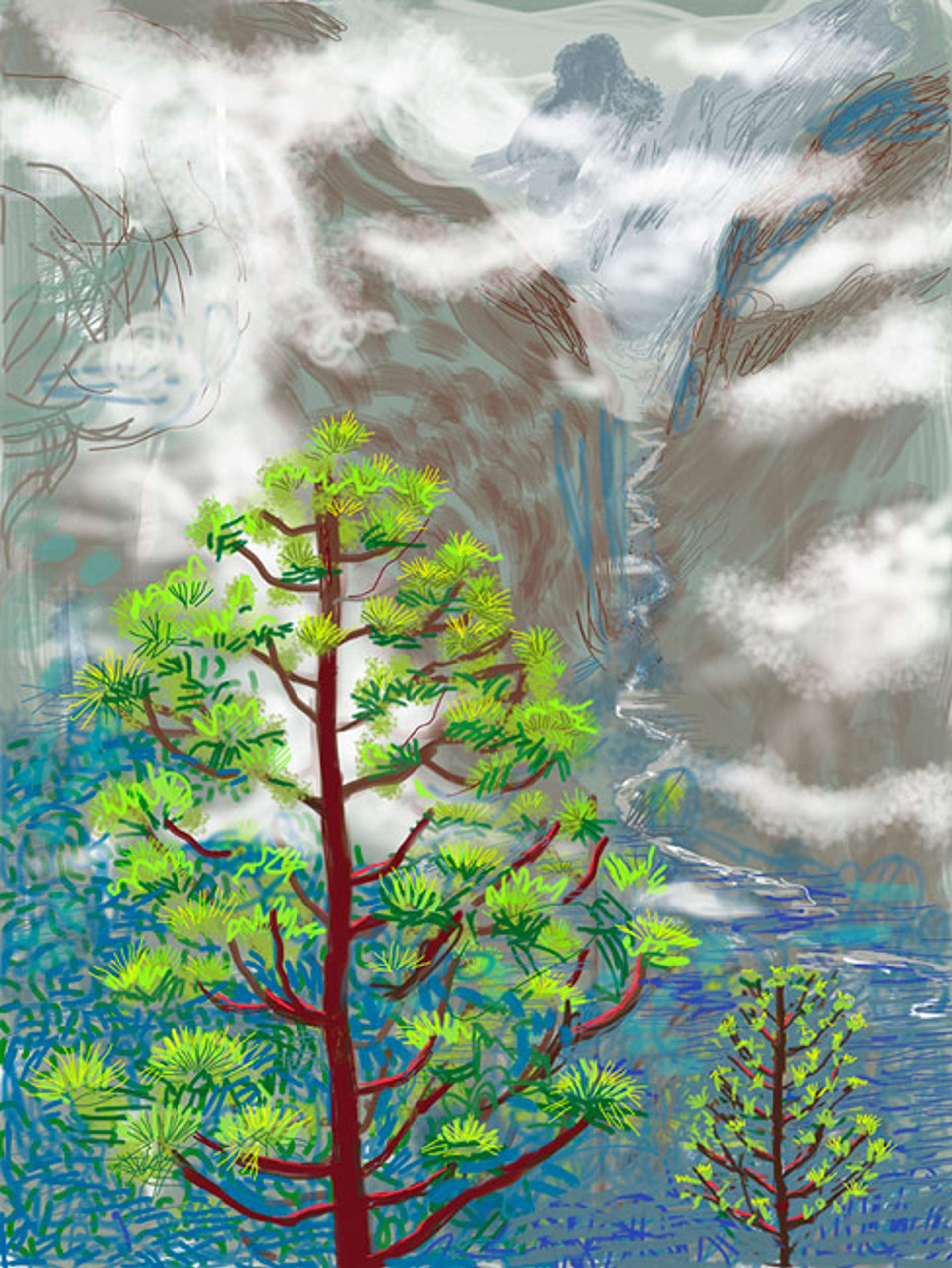 A digital drawing by David Hockney, showing a wooded landscape through the mist. In the distance, a river can be seen snaking through the valley below.