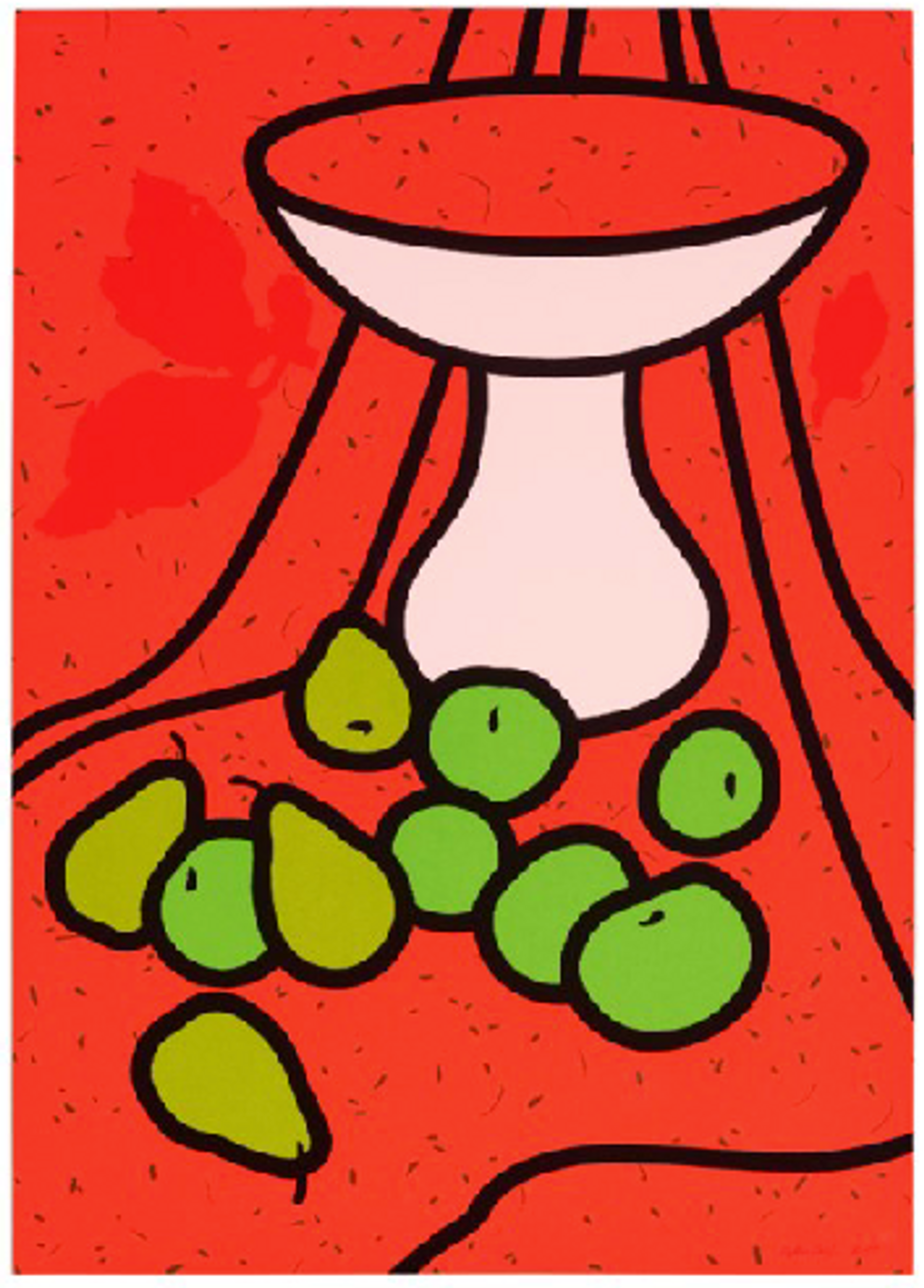 Vibrant orange screenprint with black lines depicting a curtain outline and an empty fruit bowl with bright green pears and apples on a surface next to it.