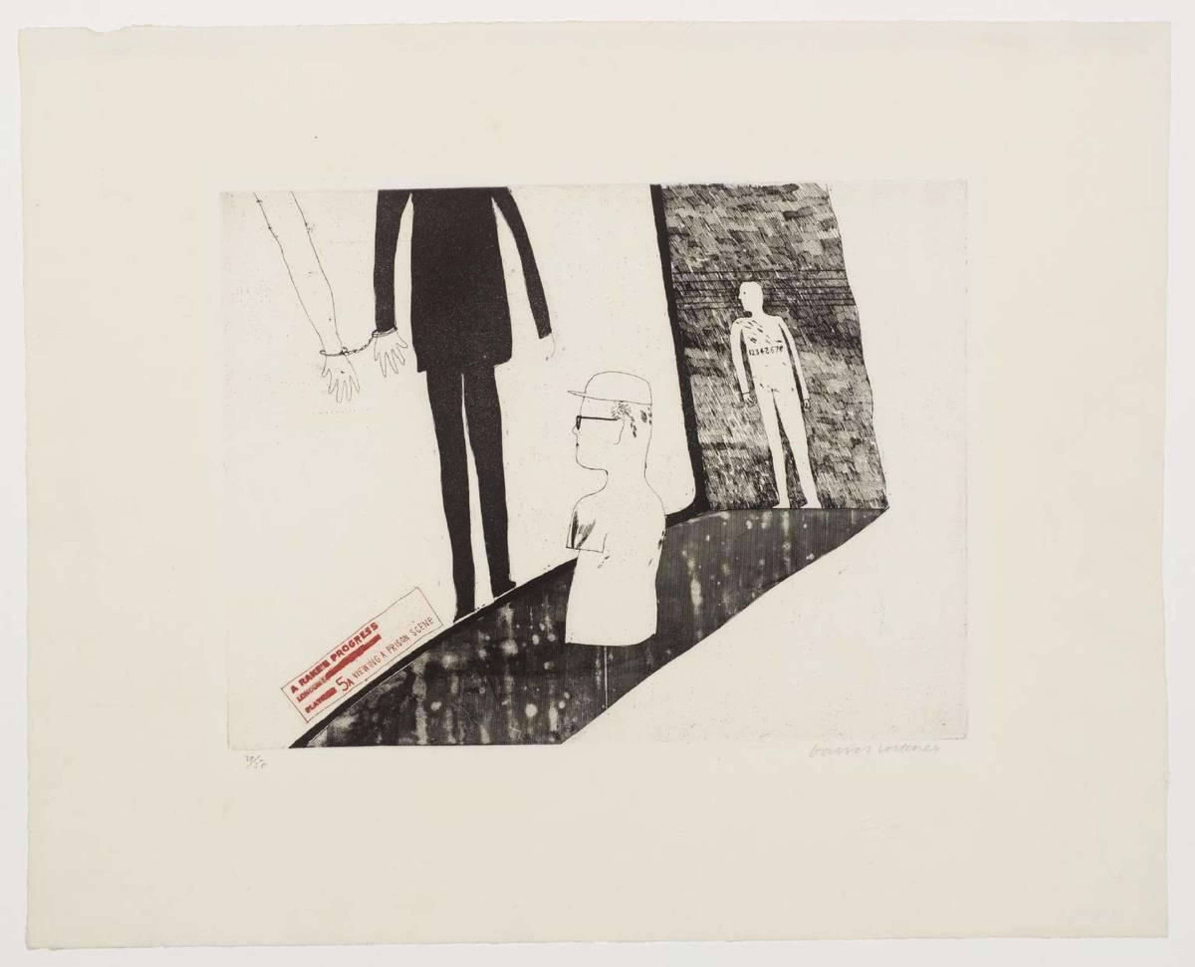 A black-and-white etching of the rake standing in a dark doorway