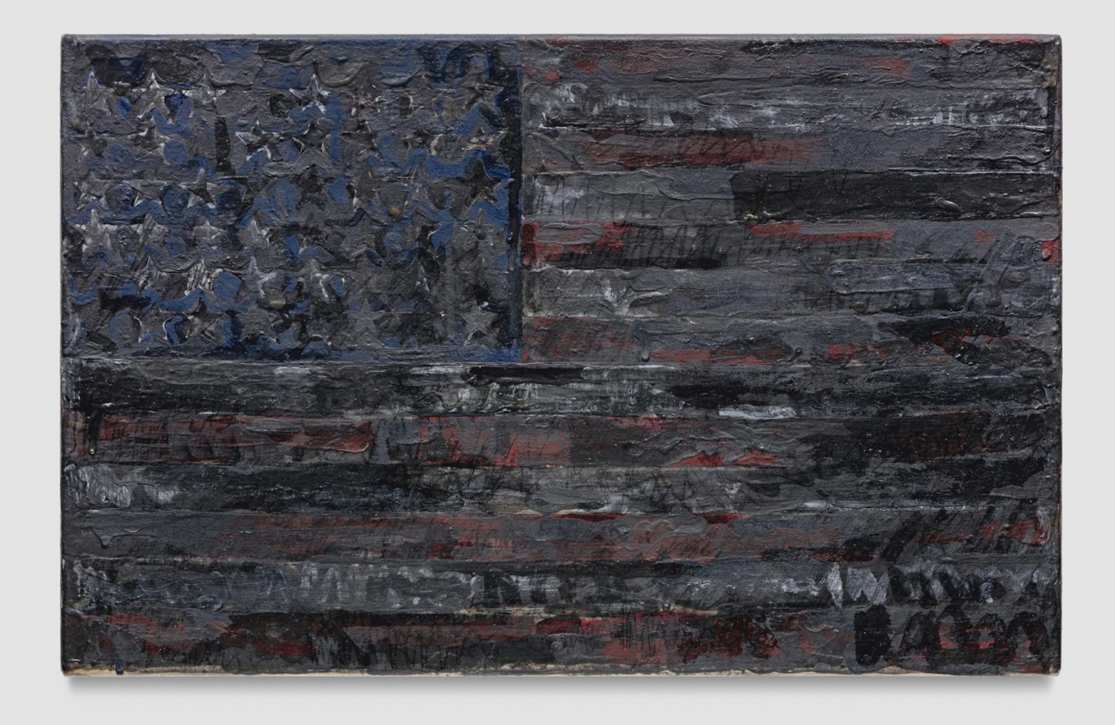  A canvas featuring an American flag motif by Jasper Johns, displaying red and white stripes alongside stars on a blue background, all washed with a dark gray hue that reveals the expressive brushstroke marks.