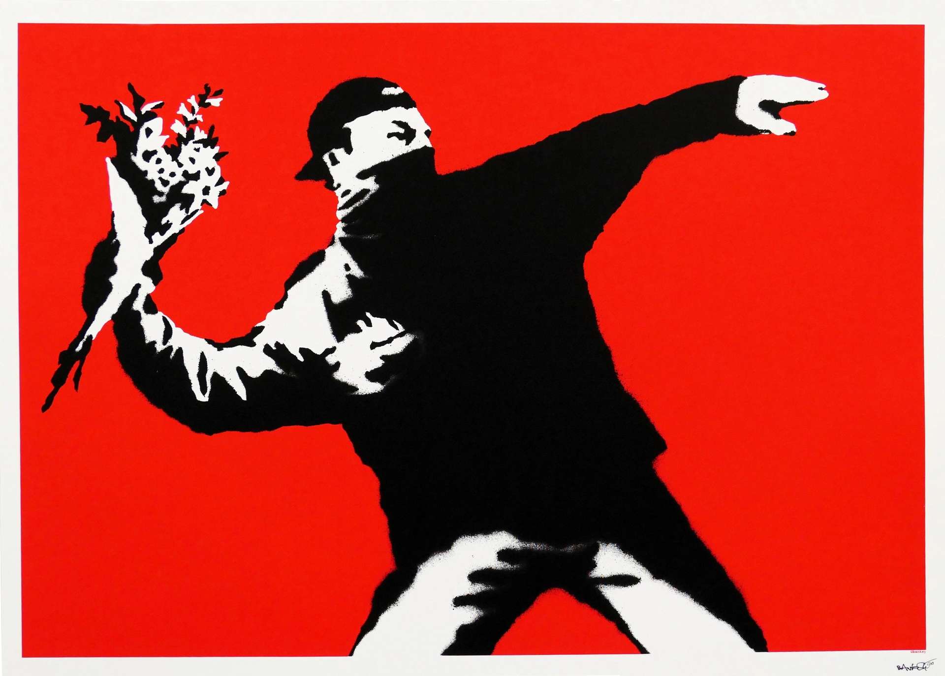 A screenprint by Banksy depicting a hooded man in black and white about to launch a bouquet of flowers, set against a red background.