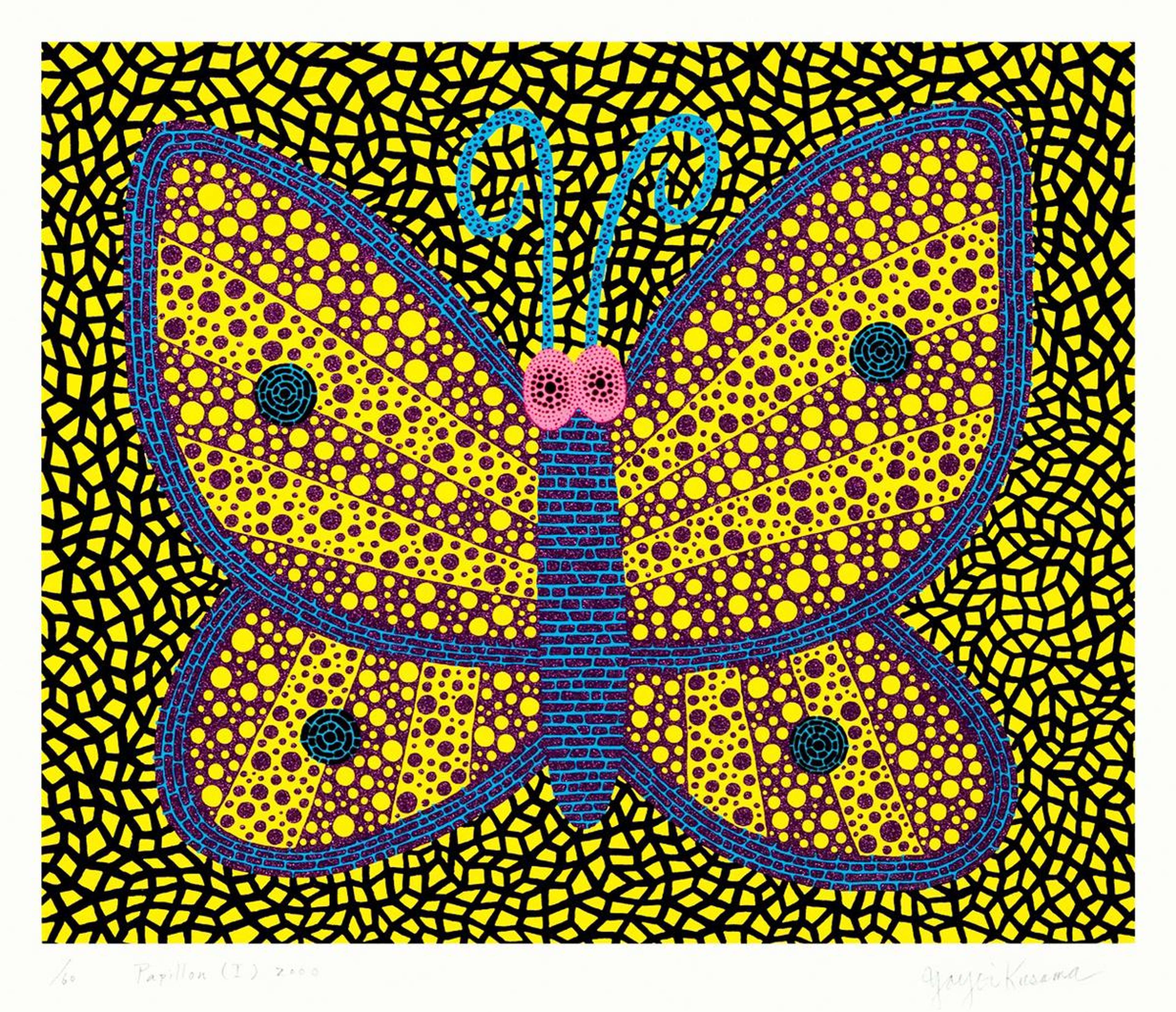A screenprint depicting a butterfly against a yellow patterned background, with the wings and body of the butterfly outlined in blue
