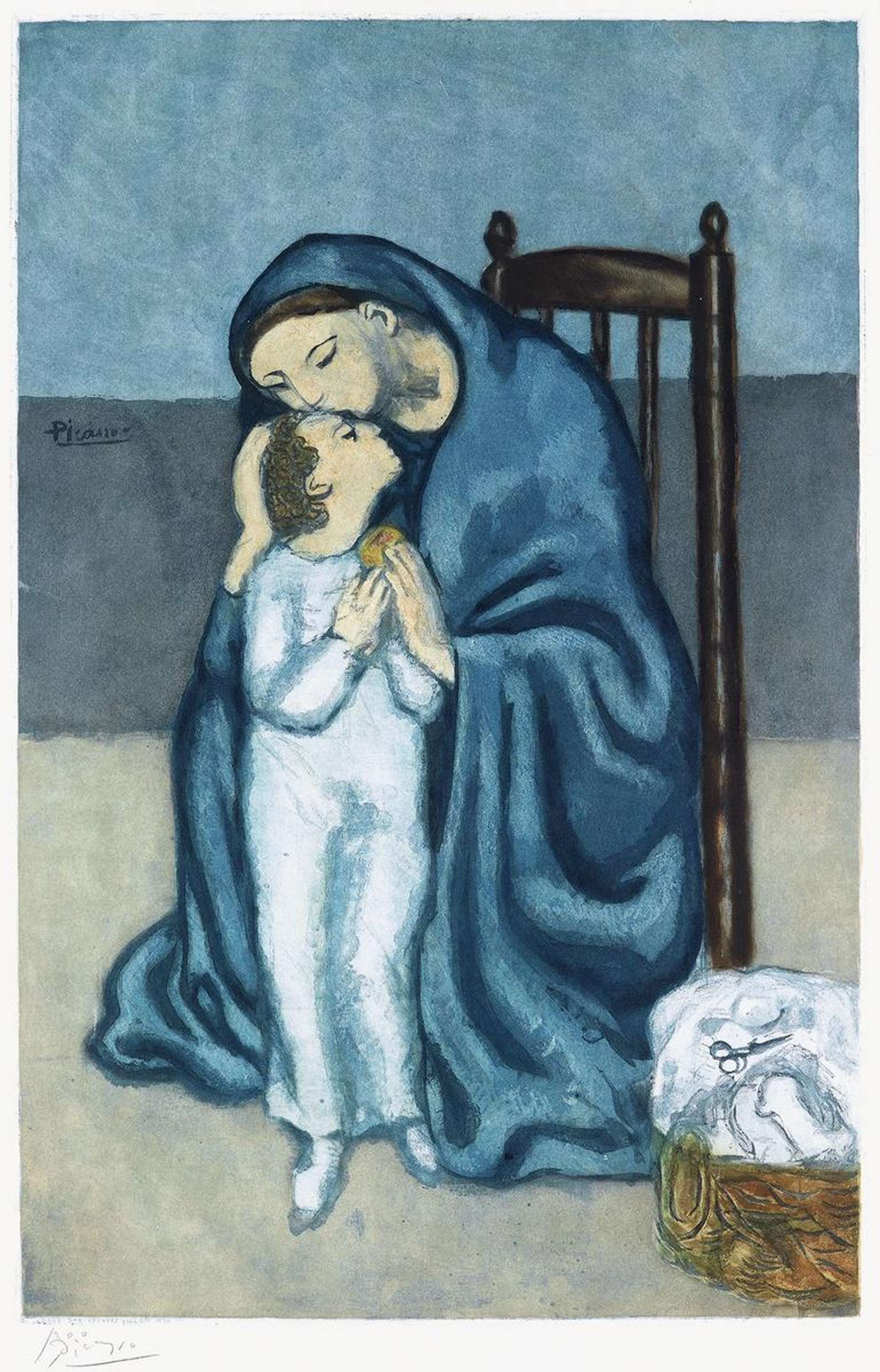 Pablo Picasso’s Maternité, an Impressionist style painting of a woman dressed in blue tilting her head to the right to kiss the child below her. To her left there is a basket with sewing material.