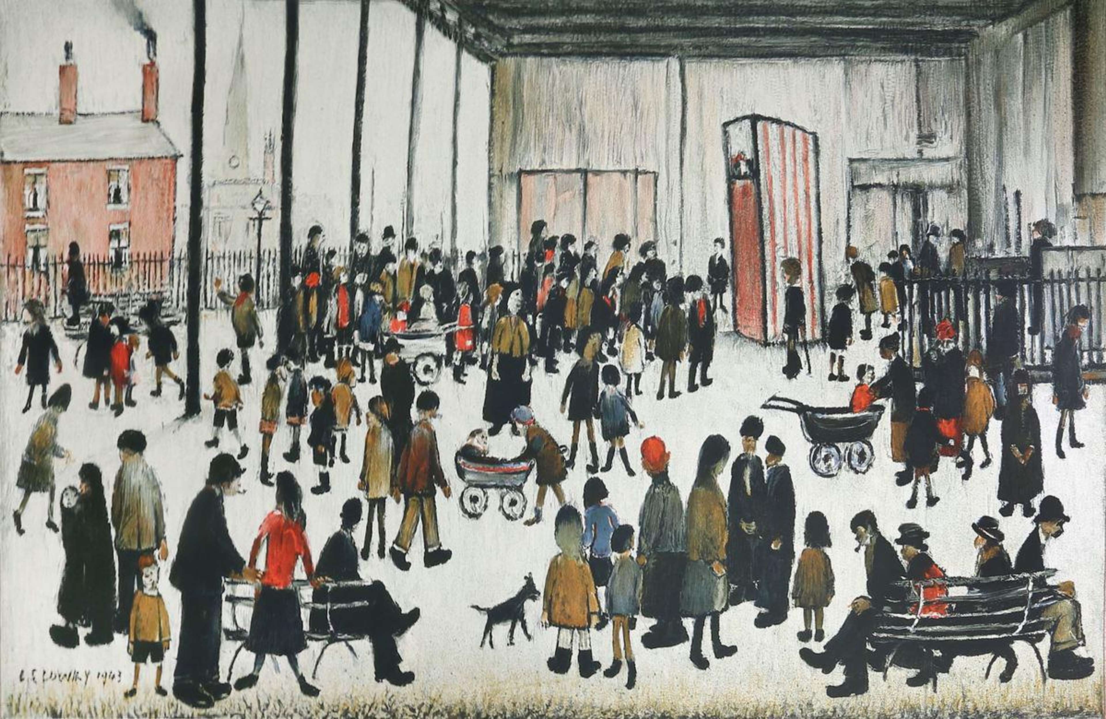 Punch And Judy is a typical scene by L. S. Lowry, showing a mass of people from all walks of life going about their daily business. An urban landscape looms in the background.