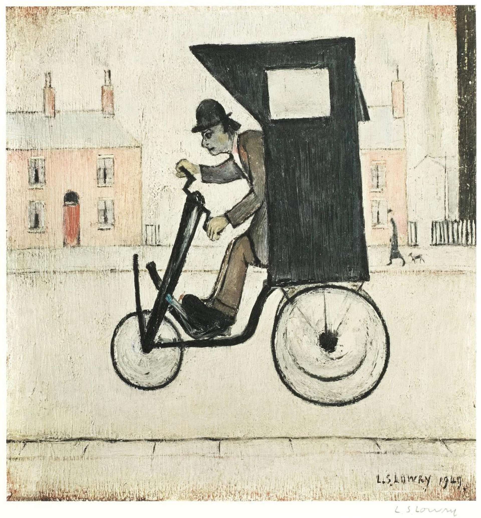 L.S. Lowry’s The Contraption. A lithograph of a man leaning forward driving an early model automobile on a local street with buildings in the background. 
