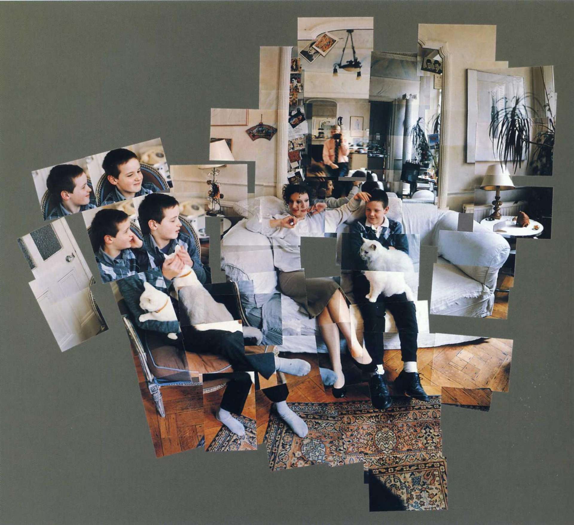 A photo collage by David Hockney showing a photograph of George, Blanche, Celia, Albert And Percy across multiple printed photographs, collaged together and fixed to a dark green background.