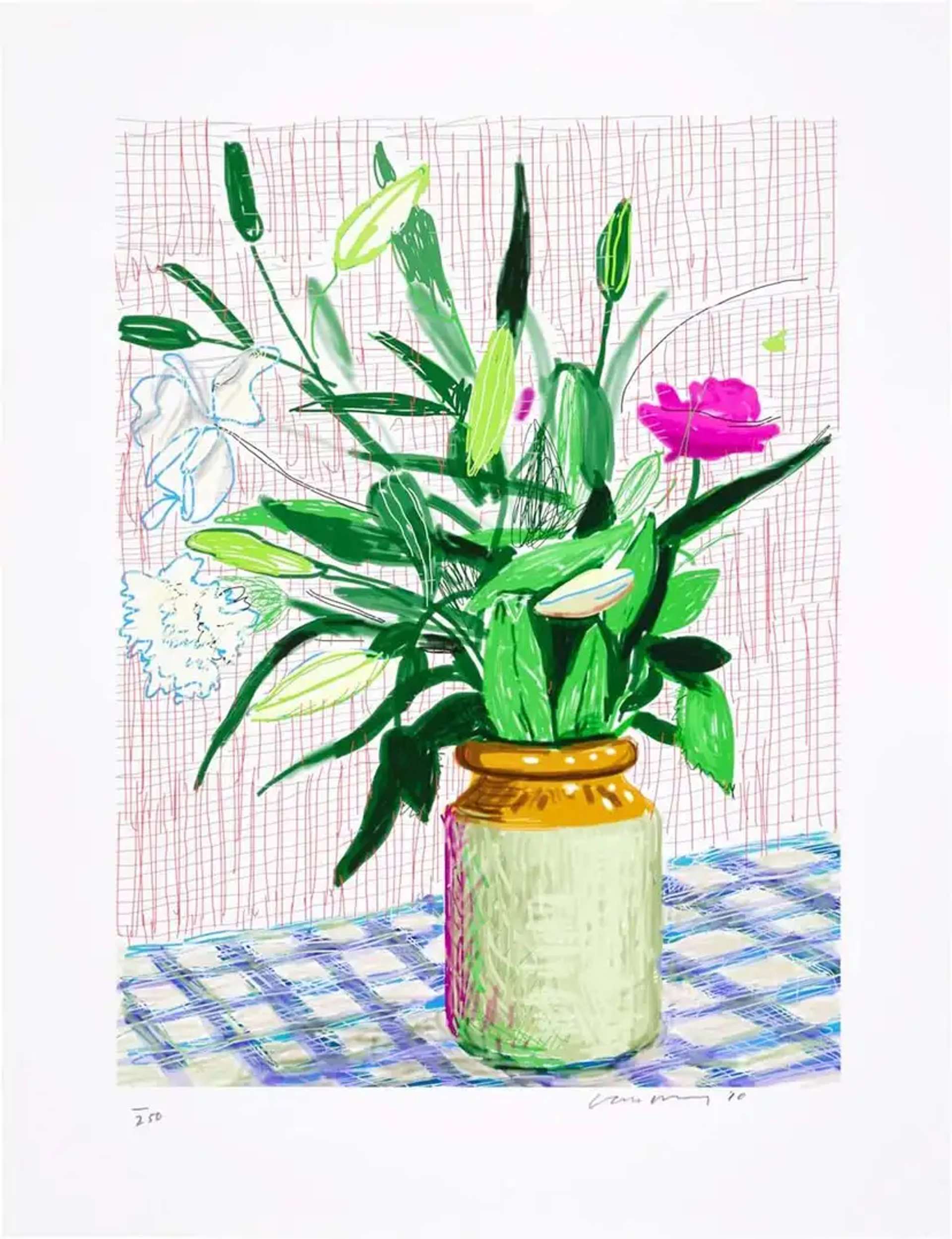 An image of one of David Hockney's artworks, showing a colourful flower vase depicted in bright green. The background is etched in fine lines, and the vase sits on a checkered tablecloth.