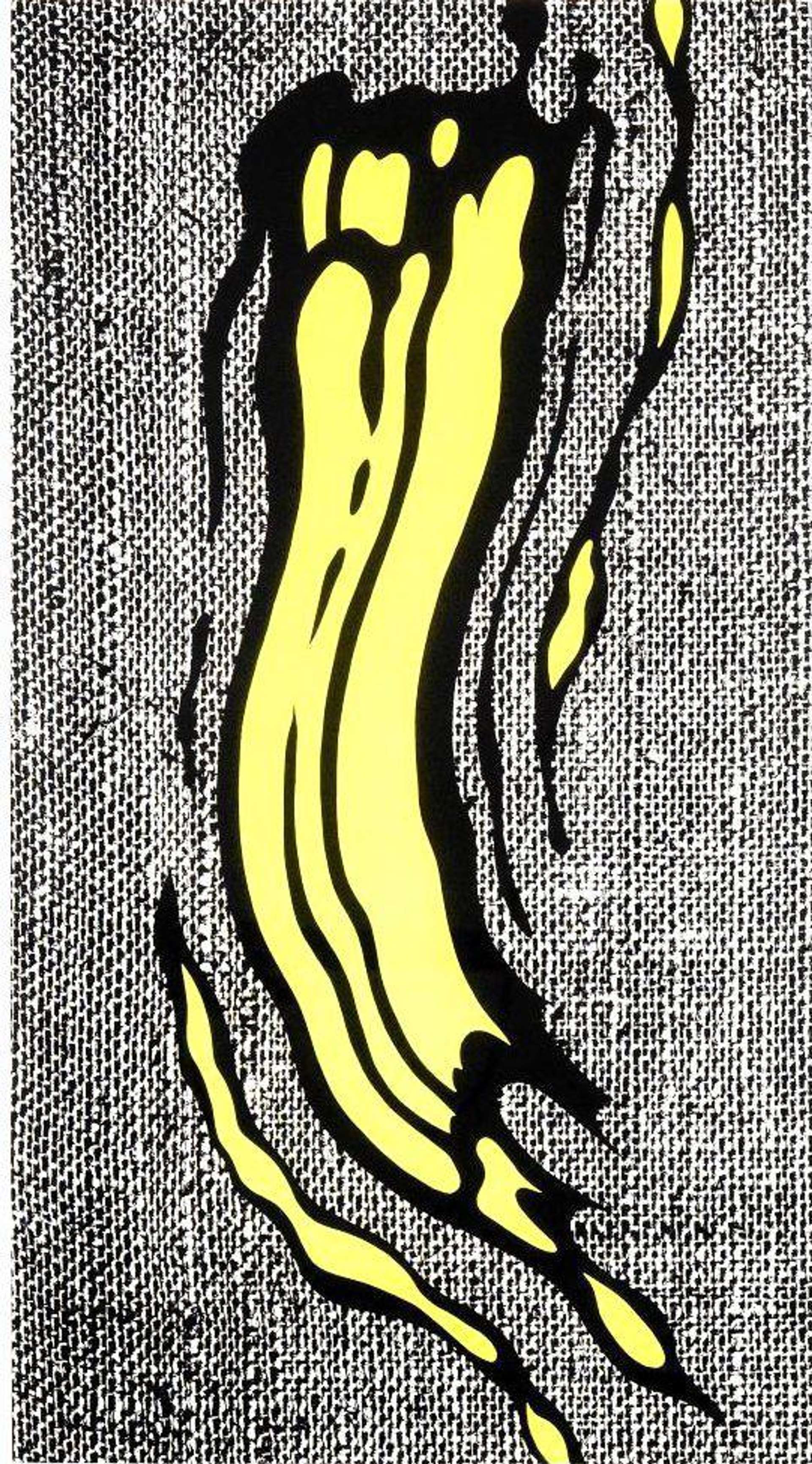 An image of the artwork Yellow Brushstroke by Roy Lichtenstein. It shows a graphic-style yellow brushstroke, against a textured grey background.