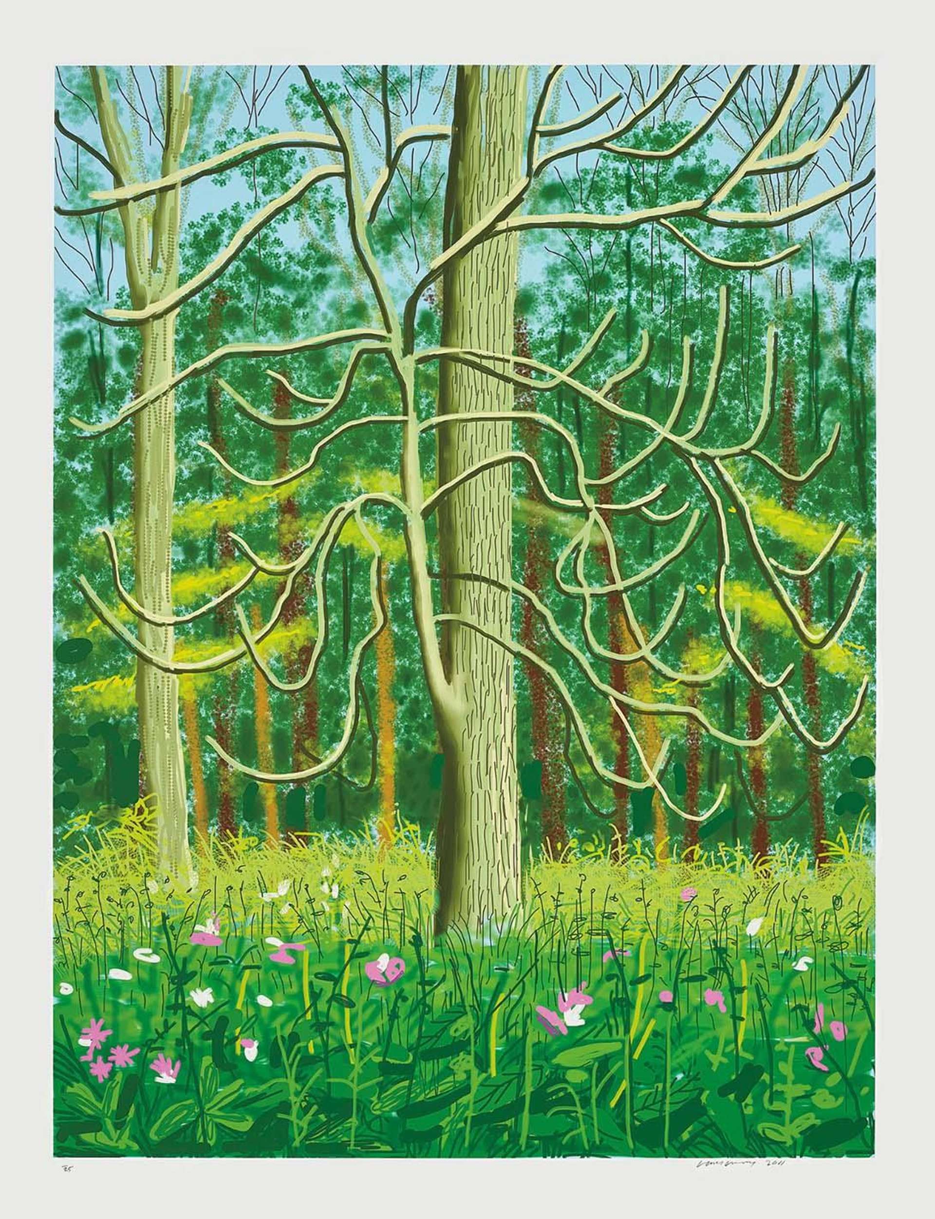 A tree emerges from a bed of vibrant green grass. The tree, at the centre of the composition, has bare branches which spread across the digital print. The entire print is executed in bold greens and brown, except the flowers which are depicted in pink and white.