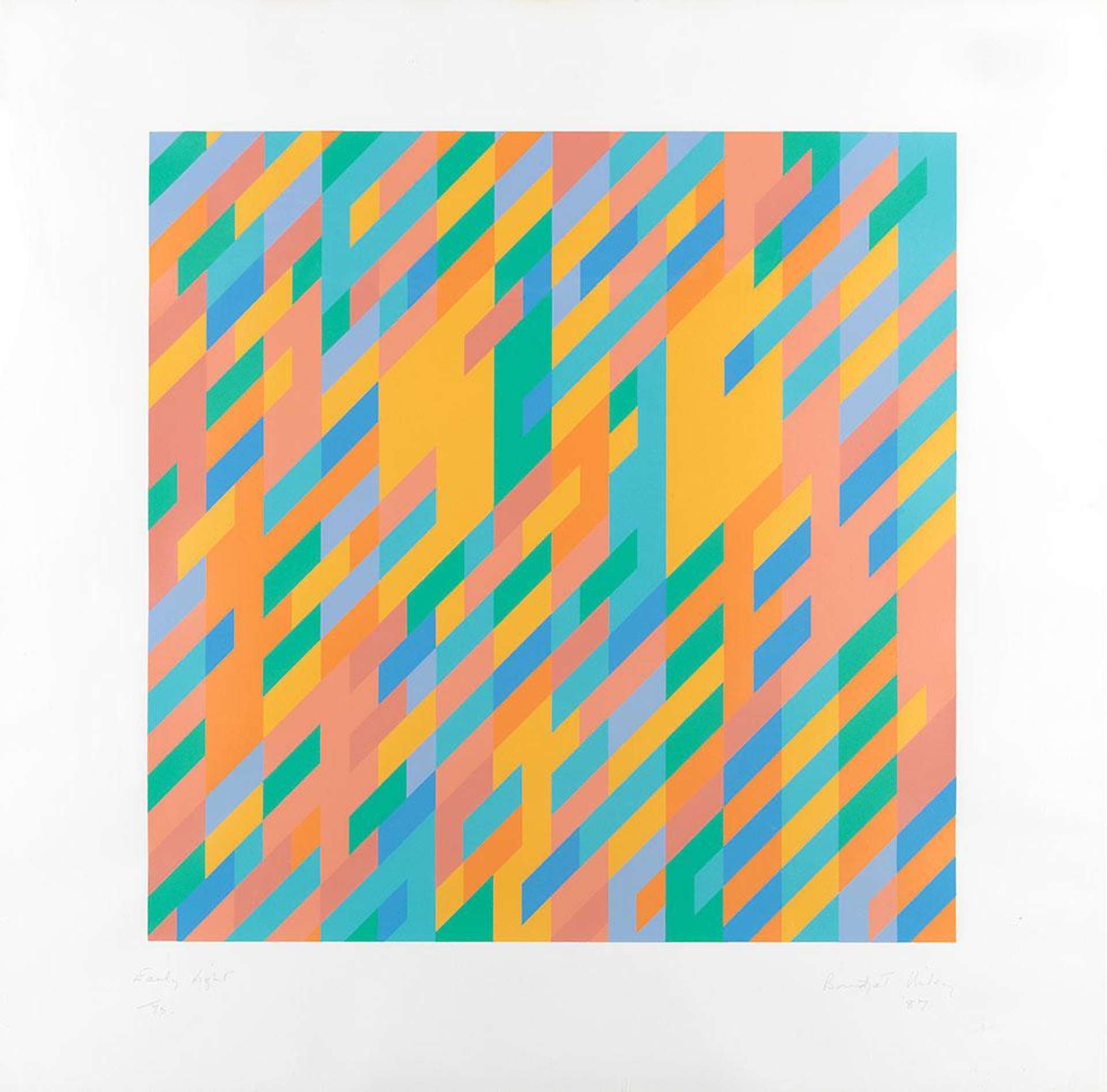 A vibrant screenprint by Bridget Riley evoking sunshine with variably sized rhomboid shapes.