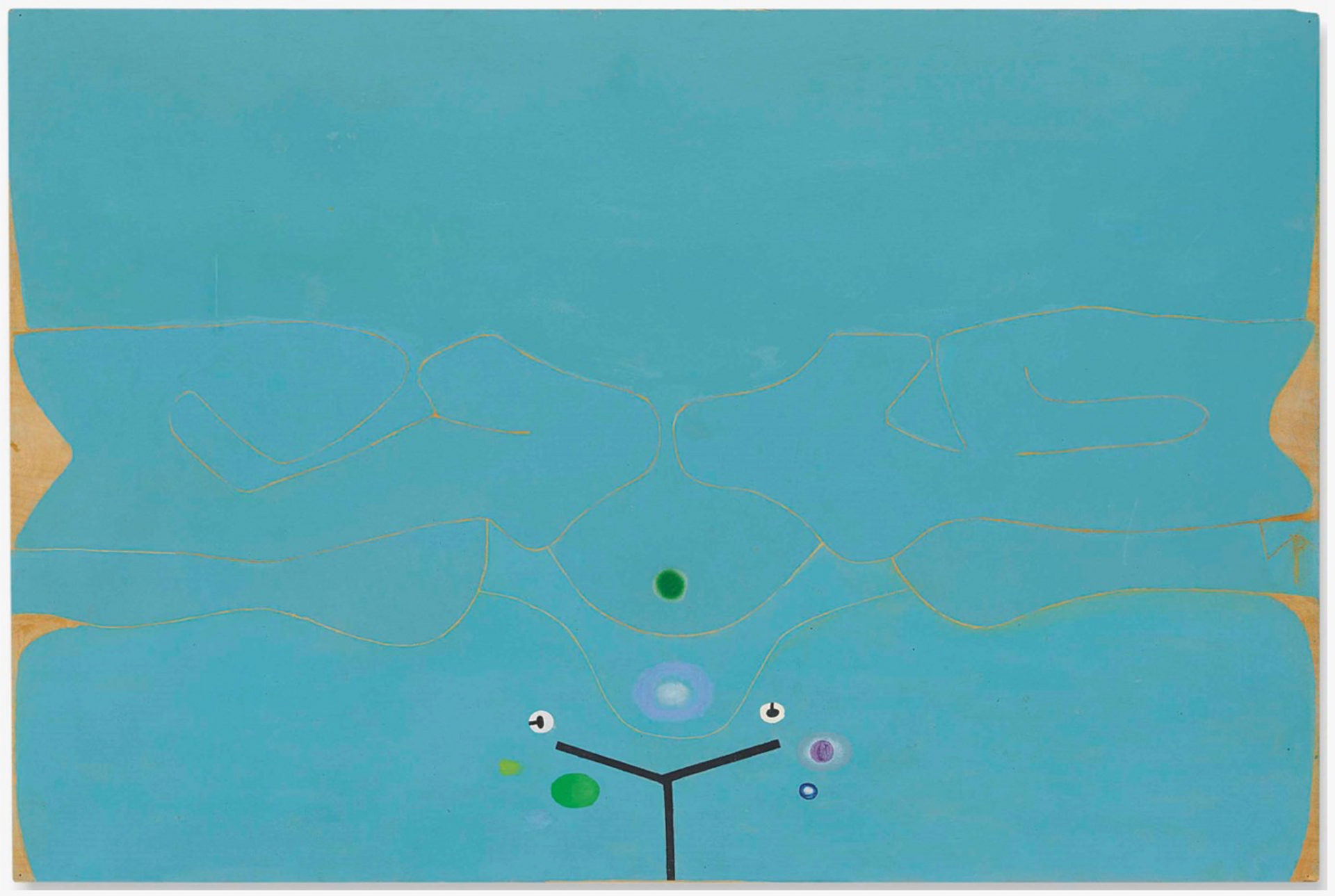Abstract painting with blue background, unpainted edges, and black “Y-formation’’ with white circles resembling eyes. Various small dots in green and purple hues.
